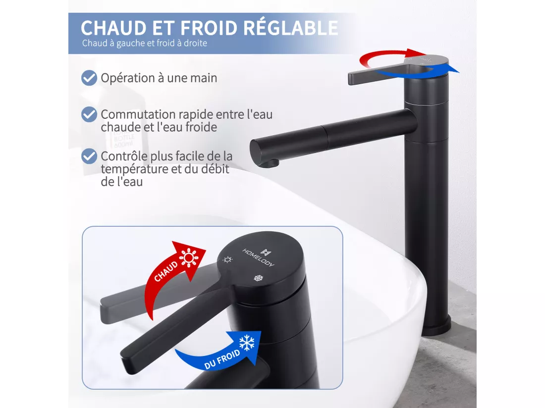 Noir Robinet Salle de Bain Mitigeur pour Vasque Haut Bec Pivotant 360° Robinetterie de Lavabo en Acier Inox Design Moderne