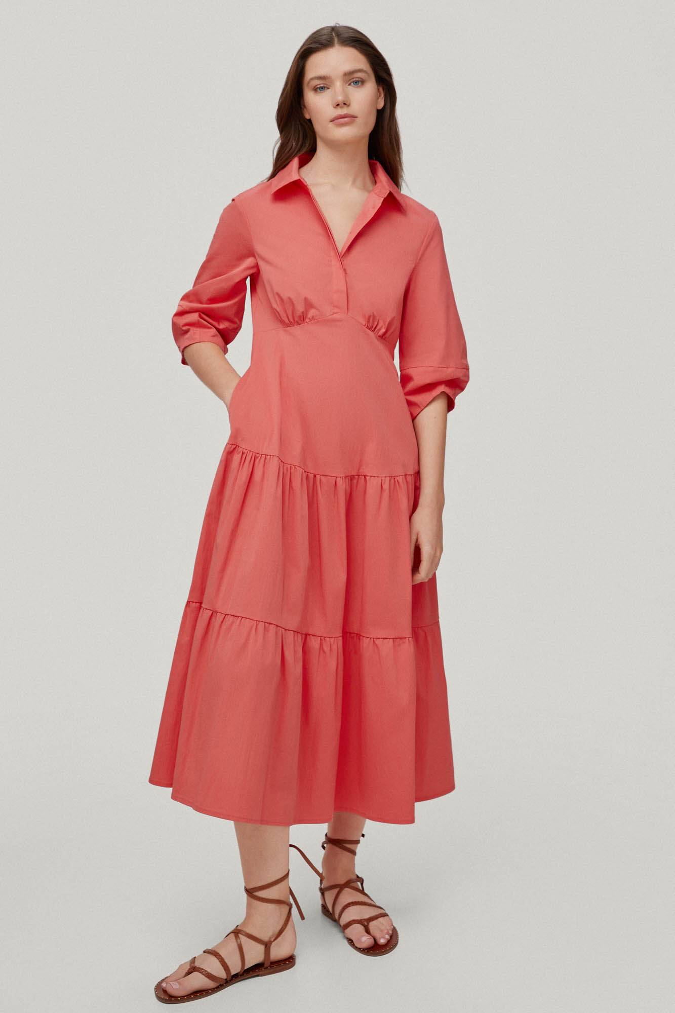 Vestido camisa de algodão - Coral