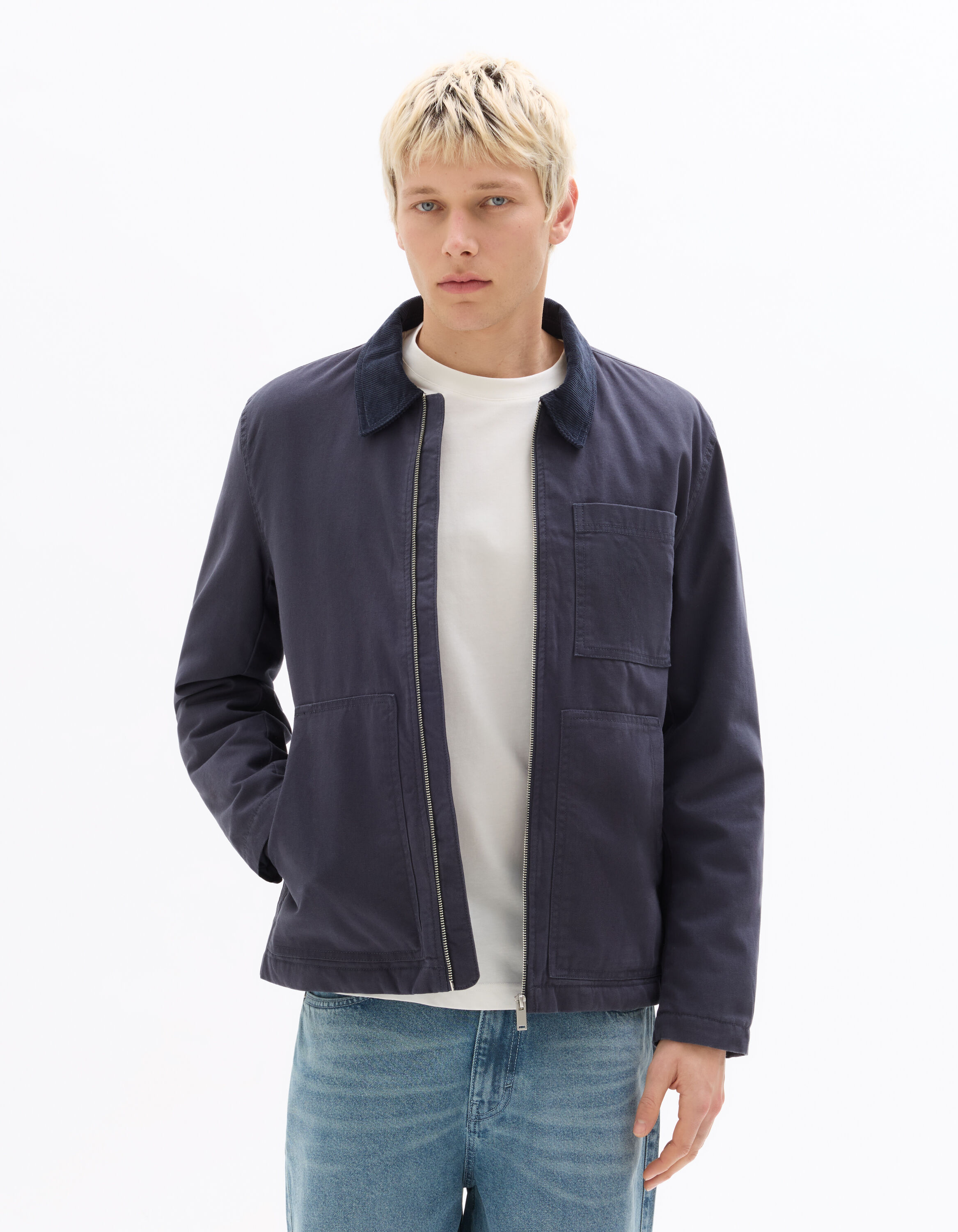 Blouson 100% coton col contrasté - marine
