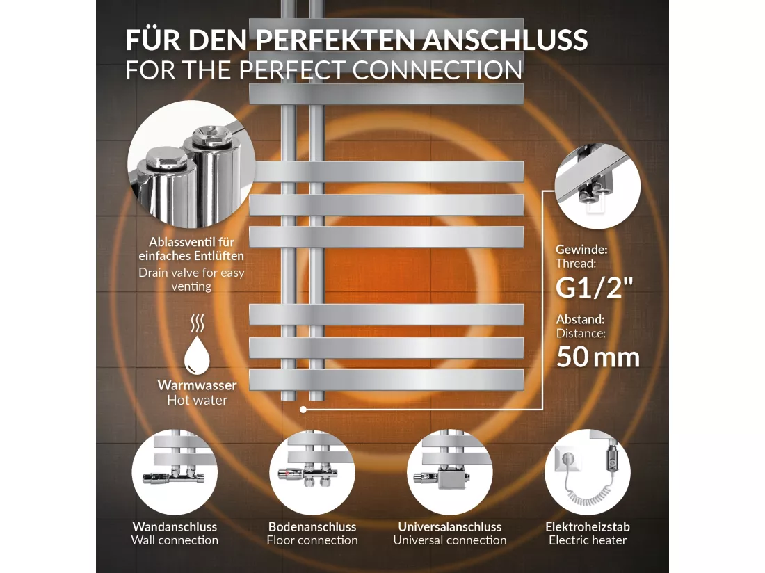Radiateur de salle de bain Iron EM chrome 50x100 cm garniture de raccord central