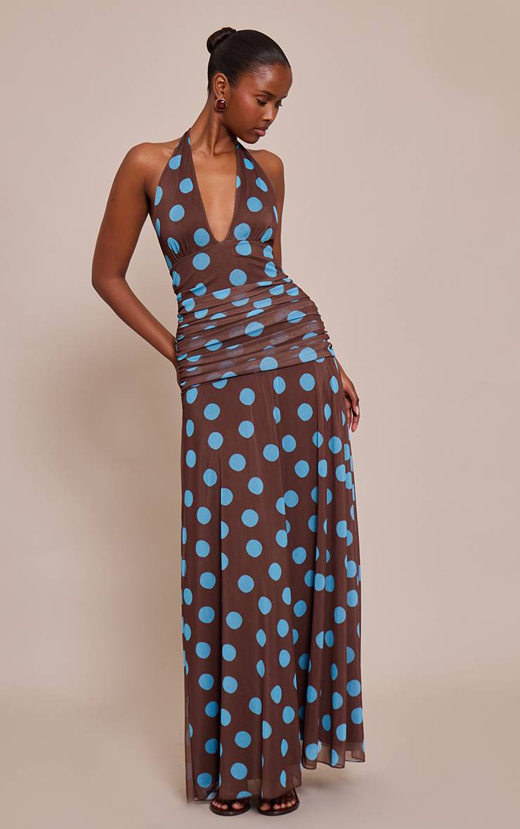 Marron Robe Longue En Mousseline À Pois Et Col Licou