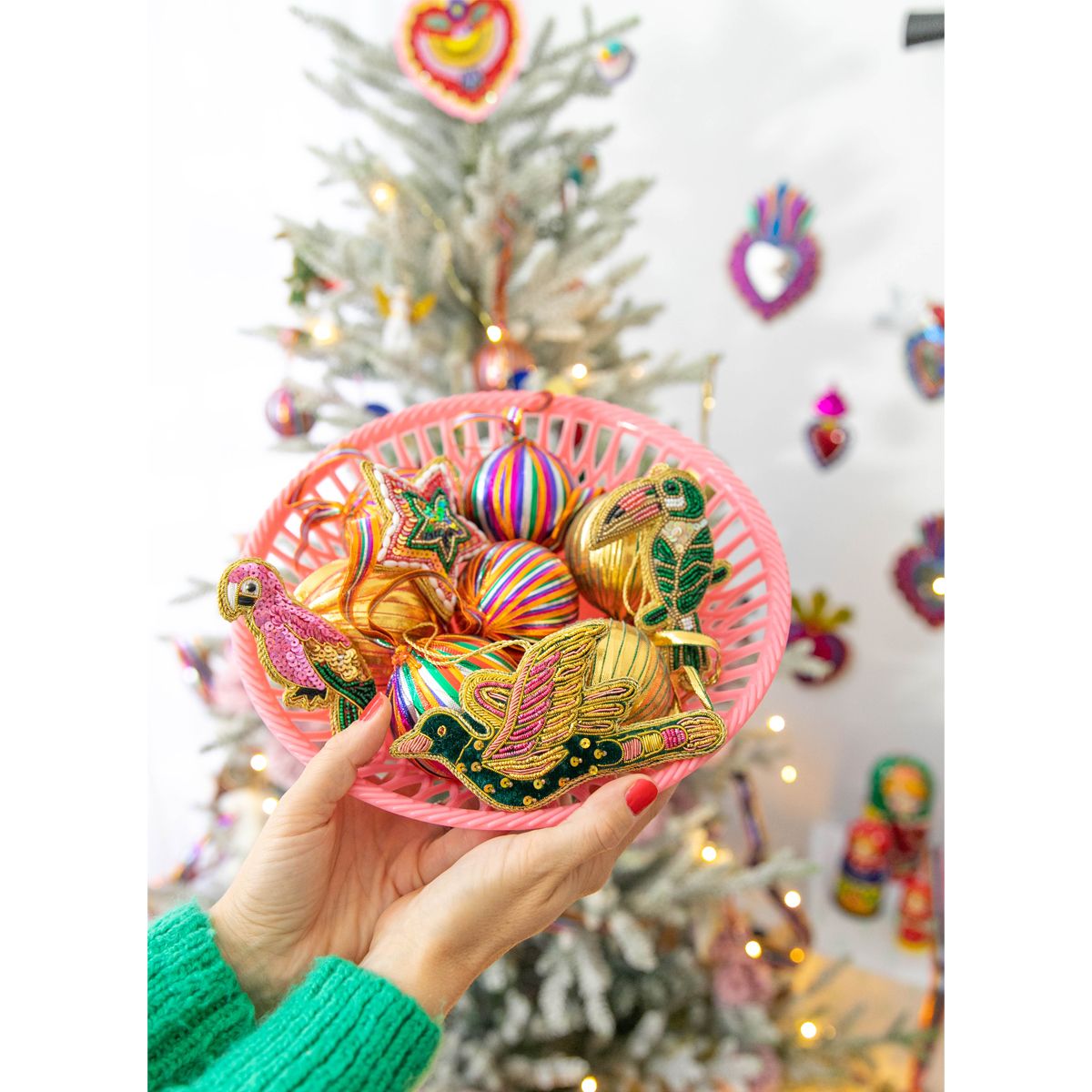 Boule de Noël galon Indien doré et rose Pondie Chérie