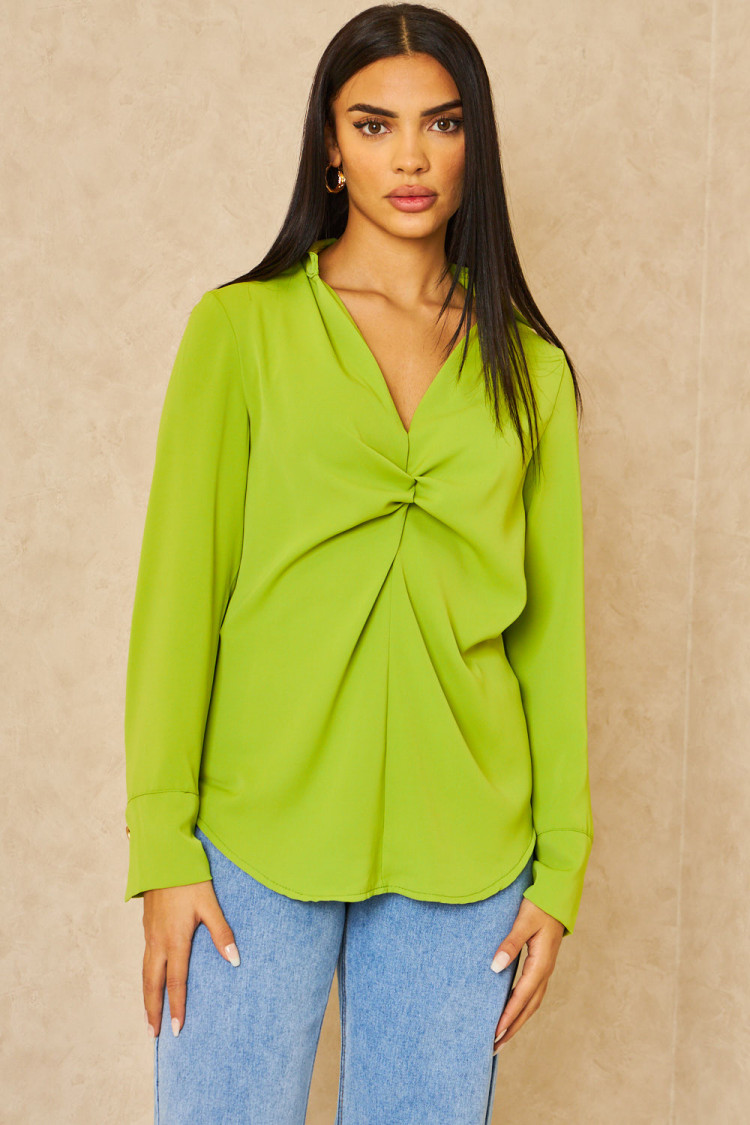 Blouse vert clair décolleté V à rabat