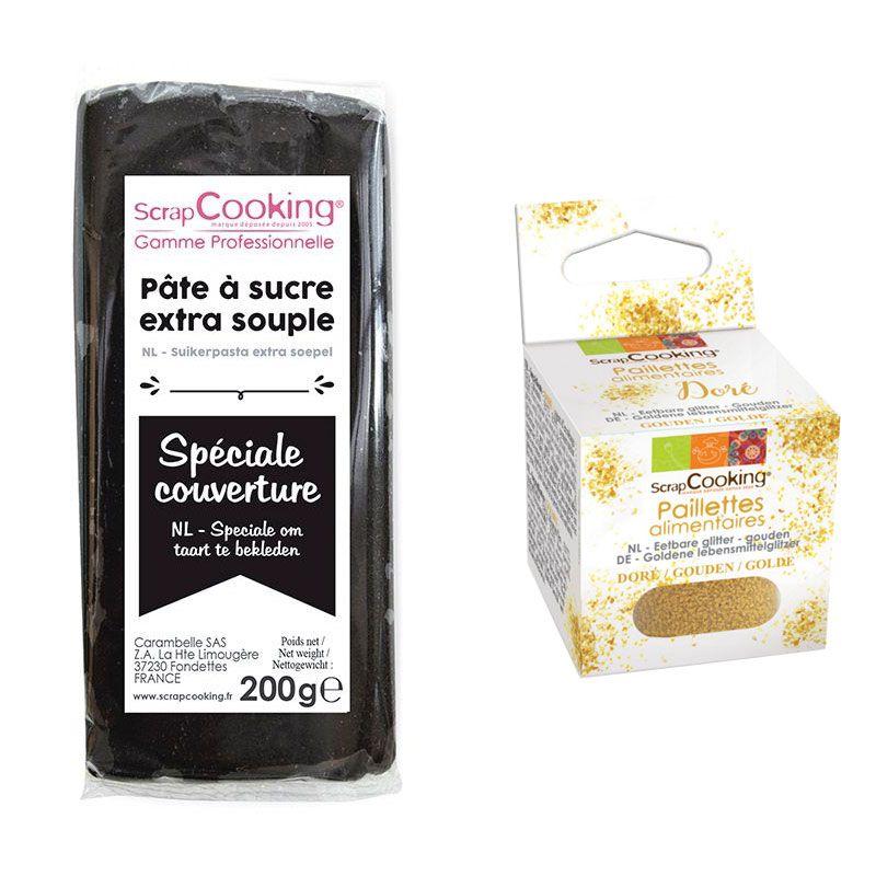 Pâte à sucre de couverture noire 200 g + paillettes dorées Scrapcookin