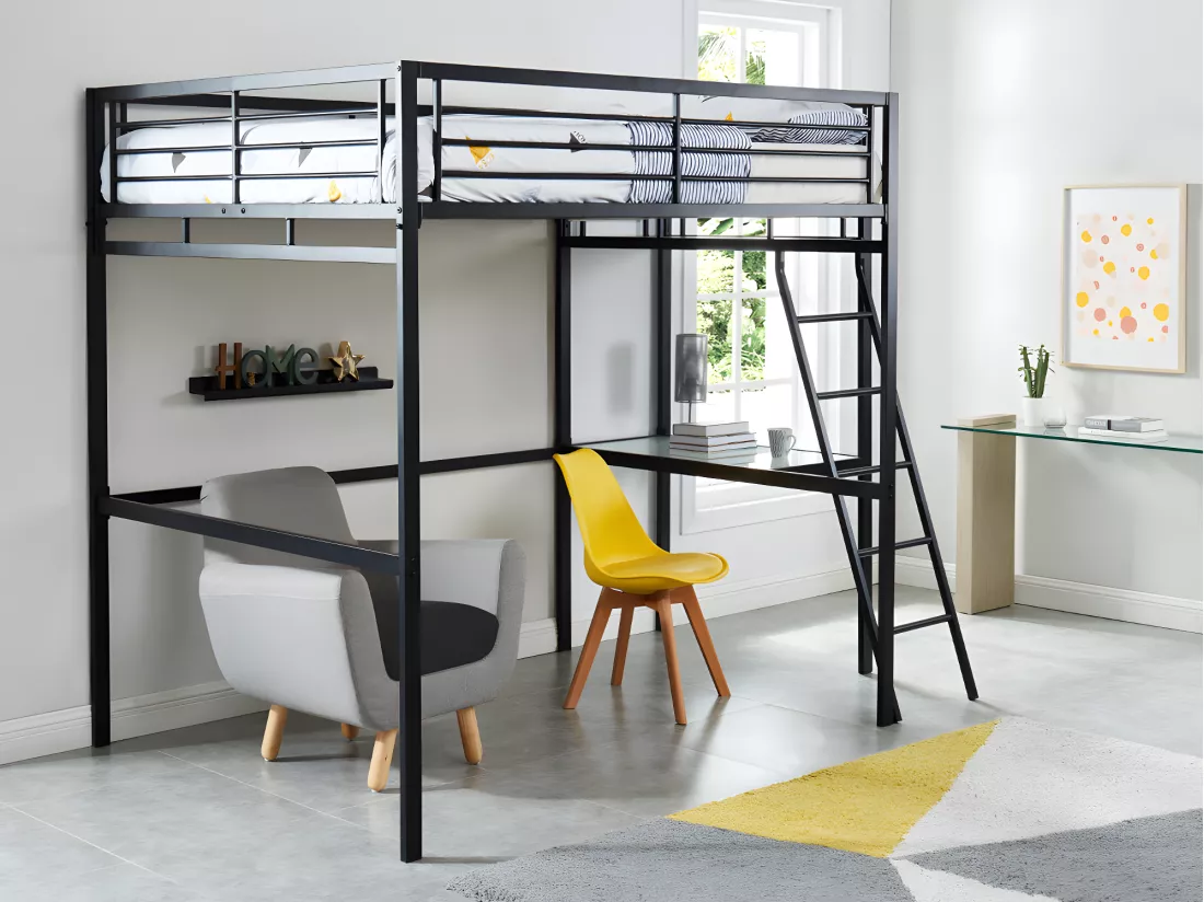 Lit mezzanine CASUAL II - 140 x 190 cm - plateforme bureau - Anthracite + matelas