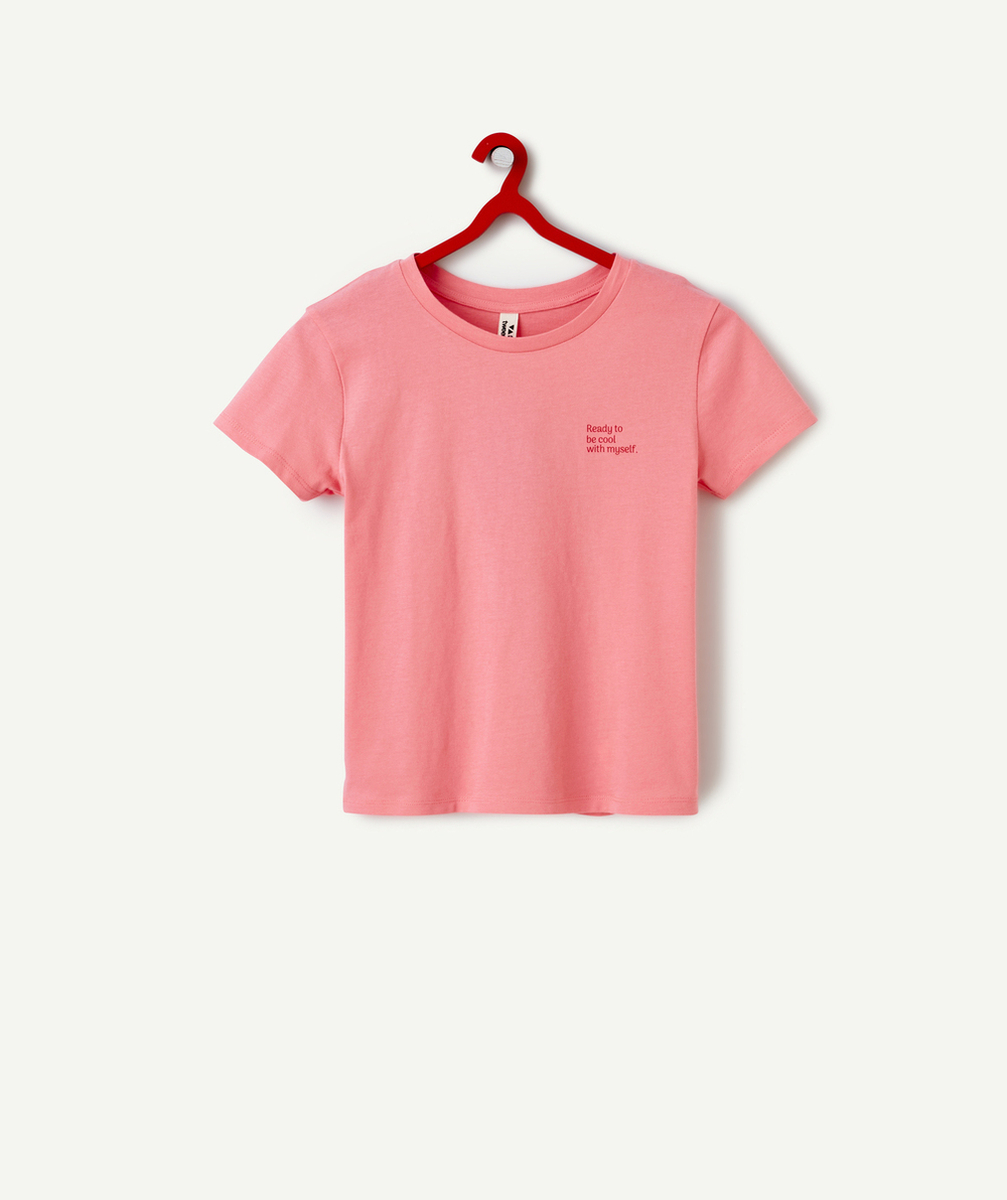 T-SHIRT MANCHES COURTES FILLE EN COTON BIO ROSE AVEC MESSAGE ROUGE