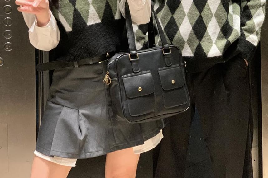 Azure - Matching V-hals Argyle trui / vest / overhemd met kraag / middelhoge effen mini A-lijn rok