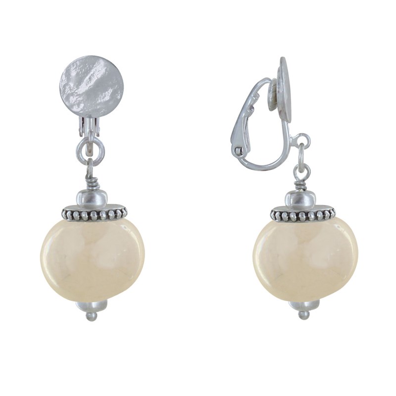Boucles d'Oreilles Clip Métal Argenté et Grosses Perles en Céramique