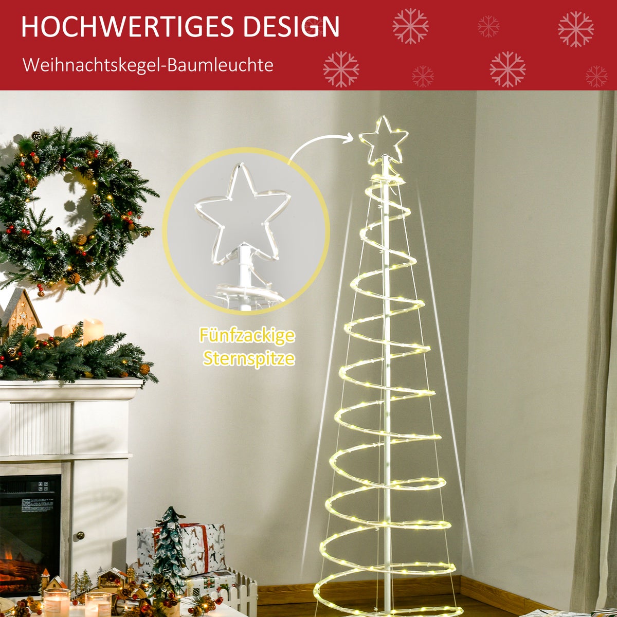 Outsunny LED-spiraalkerstboom met 135 minilampjes, kerstversiering voor binnen en buiten, PP-kunststof en metaal, wit, Ø55 x 183 cm