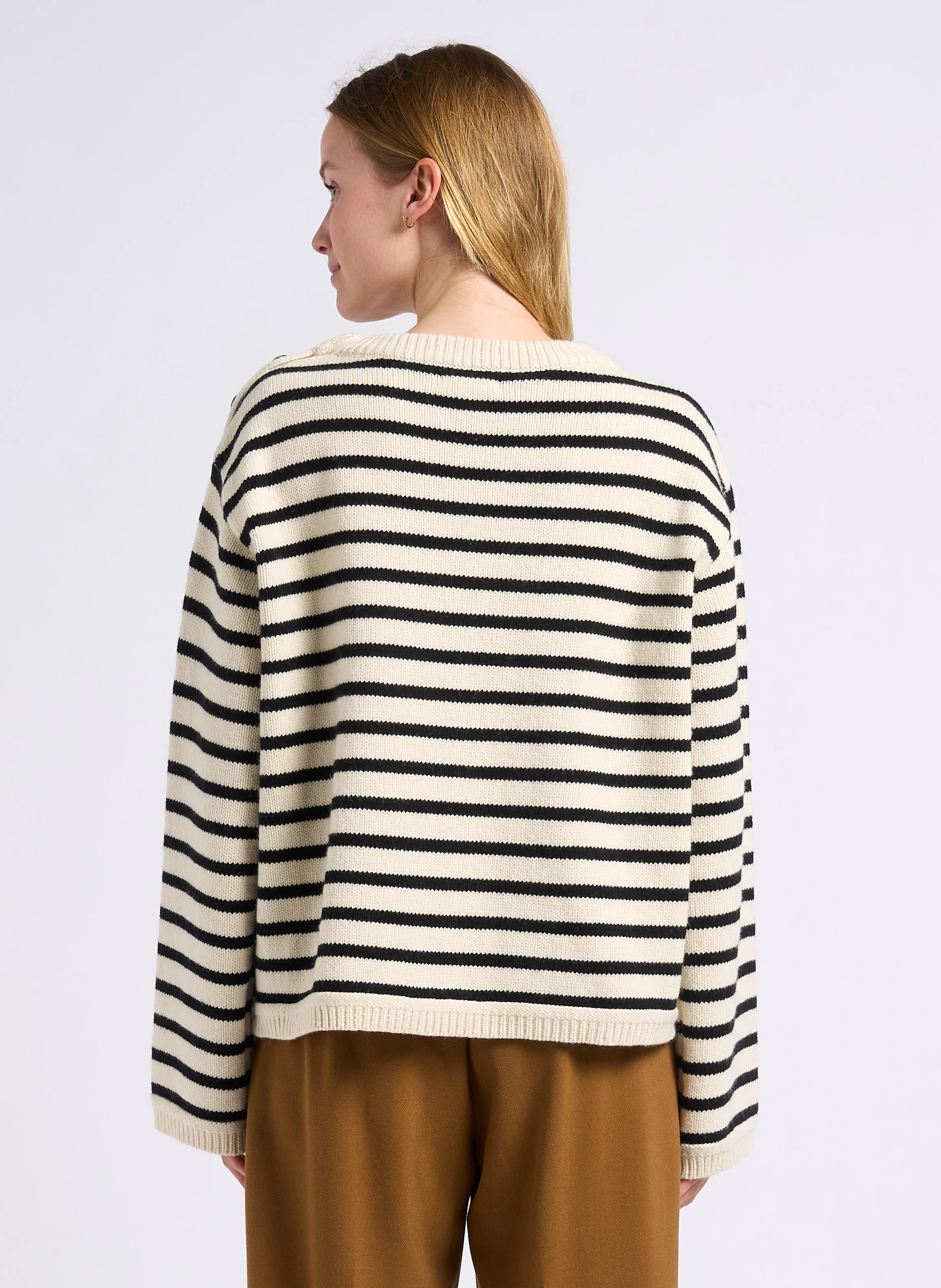 PRISMA - Pull ample col rond en laine et coton bio mélangé rayé | Blanc