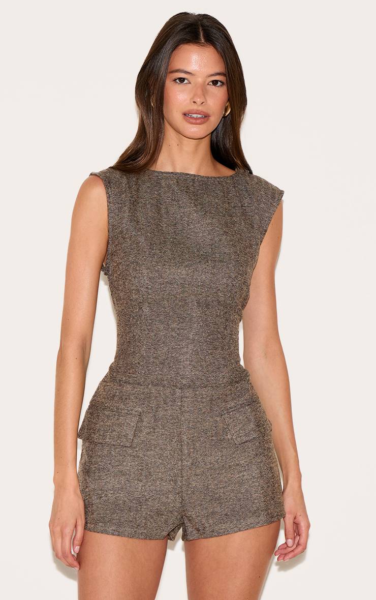Marron Combinaison-short Sans Manches En Tweed Avec Détail Poches