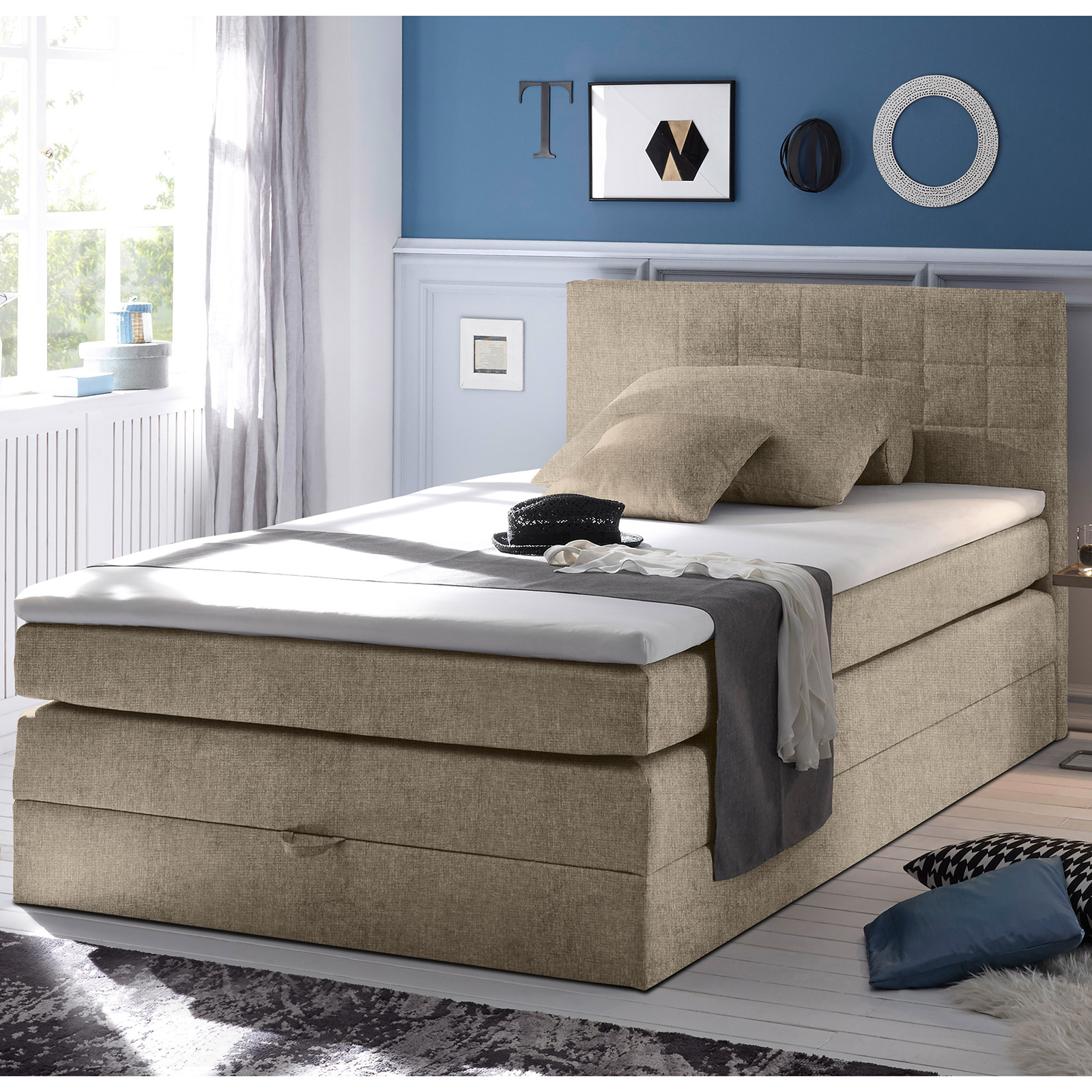 Boxspringbett - sand - H2 - Webstoff - 140x200 cm