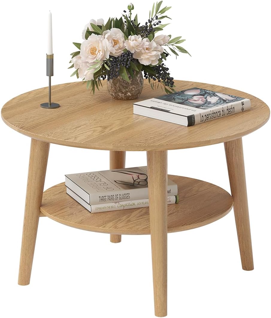 skølm Mjölnir Couchtisch rund Ø70 cm – Wohnzimmertisch aus Eiche Massivholz – Sofatisch mit 2 Ablagen – kleiner Beistelltisch Natur geölt – Holztisch Wohnzimmer mit Stauraum – Coffee Table