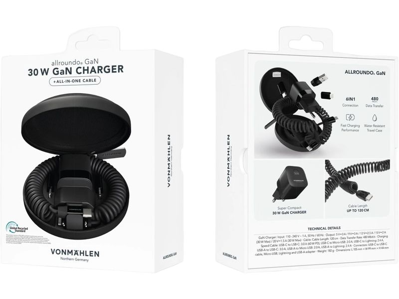 Vonmählen USB-Ladekabel Allroundo GaN All-in-One Schwarz All-in-One-Lade- und Datenkabel mit Schnellladefunktion und inkludiertem Ladegerät