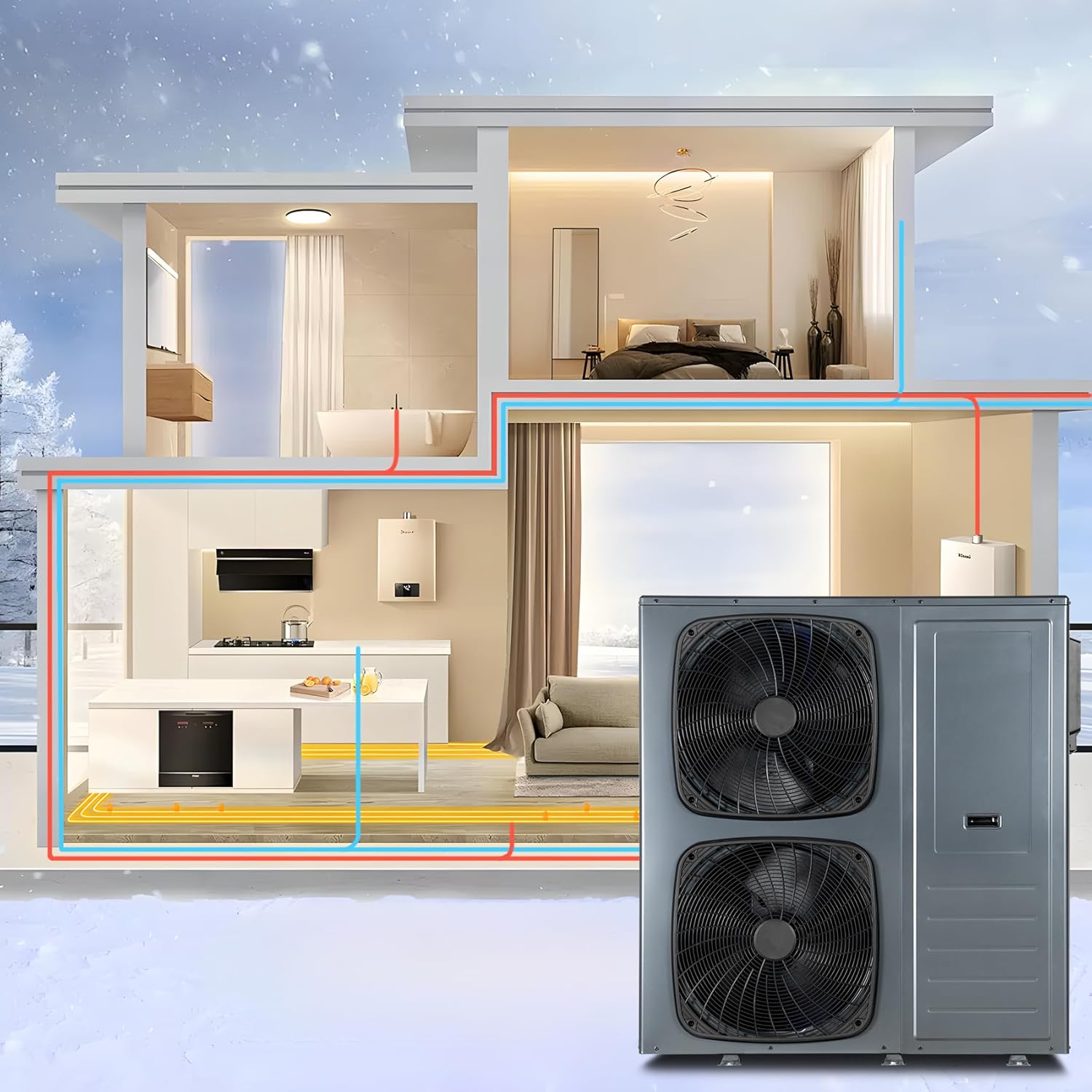 SMETA Monoblock Luft Wärmepumpe Warmwasser R290 16 kW, Einphasig, 3-in-1 Heizung, Kühlung und Warmwasser, WiFi, Einphasig & Förderfähig, A+++