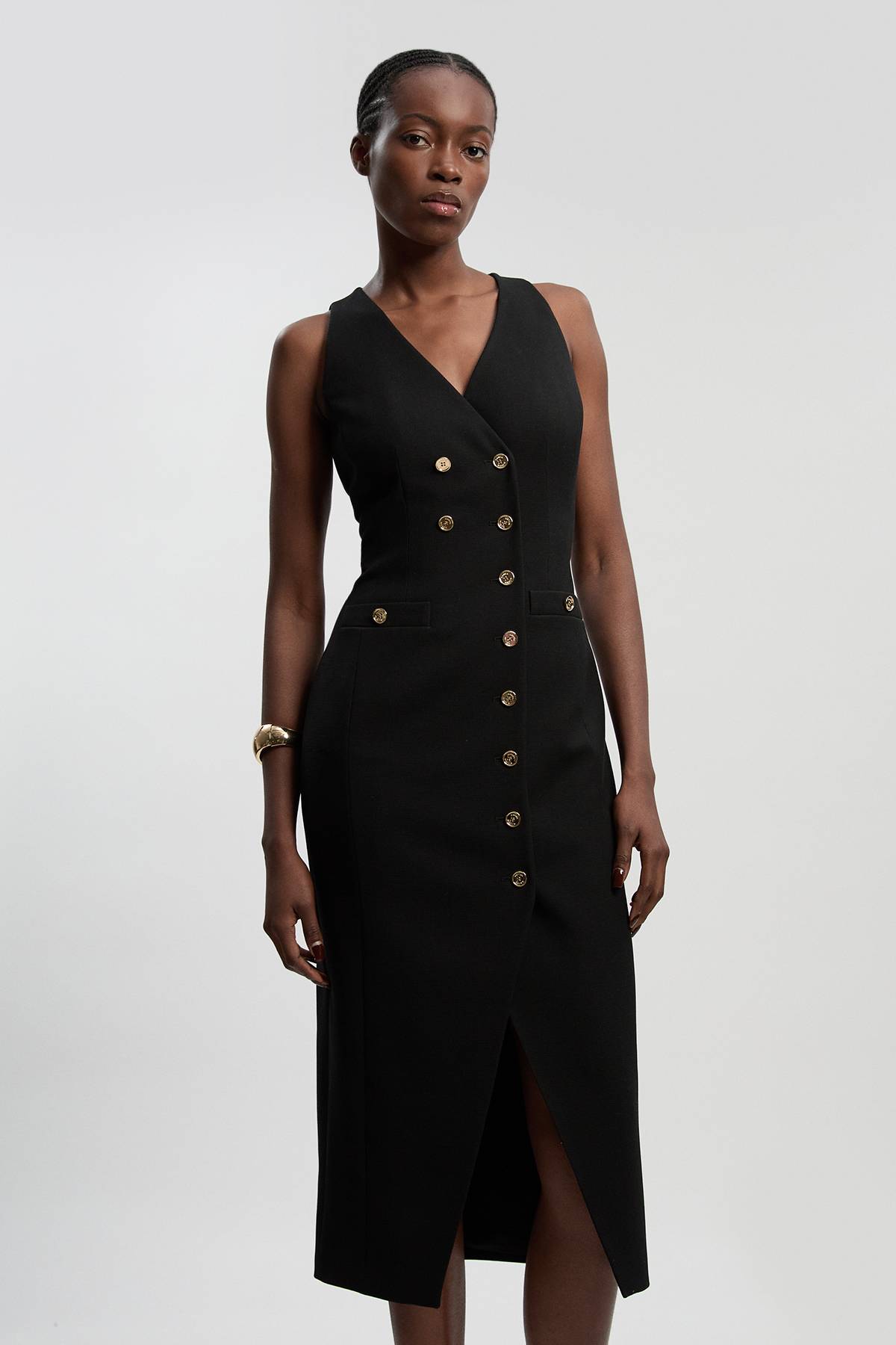 KarenMillen Robe Midi Moulante Texturée À Col V Et Détails Boutons