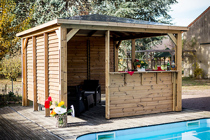 Pool house manuel bois Habrita THB3535.CCVV 3,79 x 3,79 m avec 2 parois vantelle et 2 parois comptoir