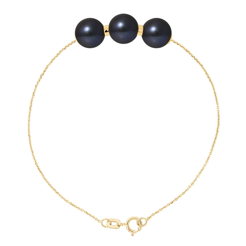 Bracelet Femme 3 Perles de culture d'eau douce Noires AA et Or jaune 750/1000