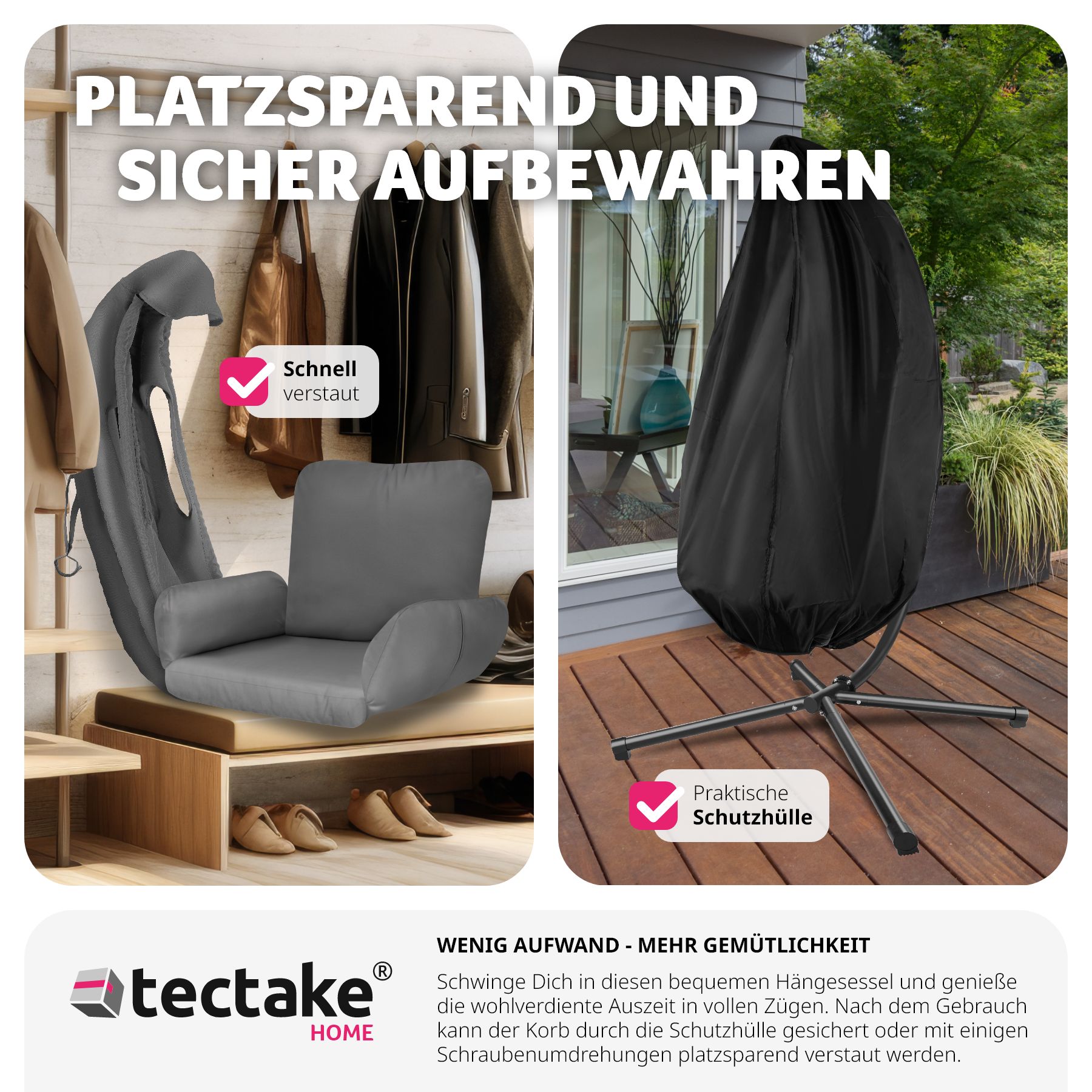 tectake® Hängesessel, mit extra dickem Sitzkissen, 360° drehbar, Belastbarkeit 160 kg, inklusive Schutzhülle, 100 x 97 x 201 cm