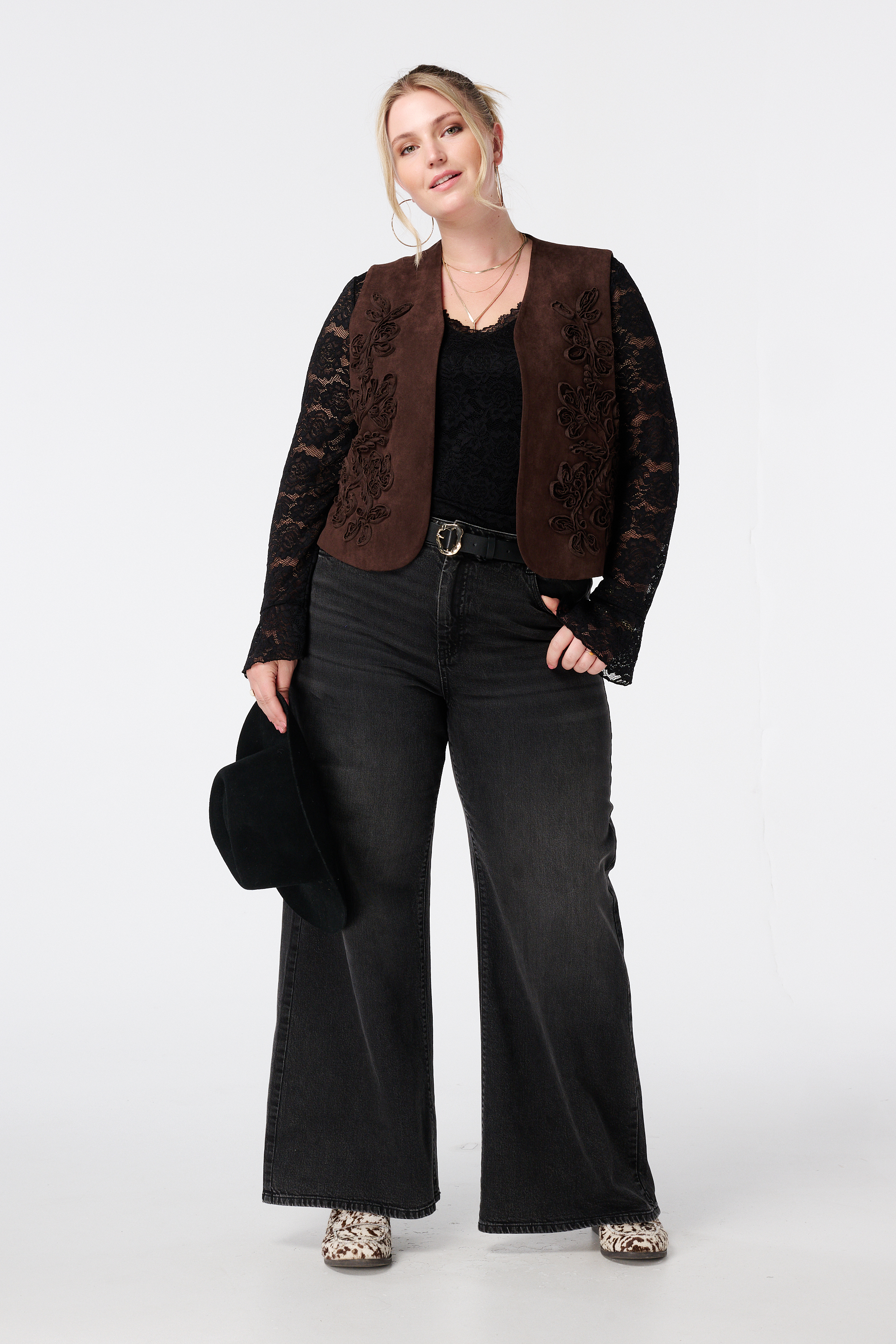 Gilet in suède look met broderie Donker bruin