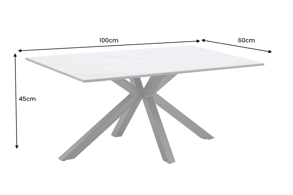 Moderner Couchtisch GALAXIE 100cm weiß Keramik schwarz Metall Sterngestell