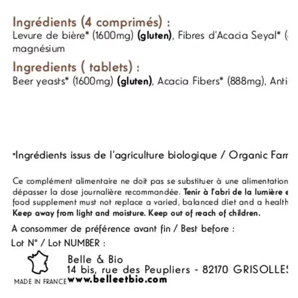 Levedura de cerveja orgânica Belle & Bio, 120 comprimidos