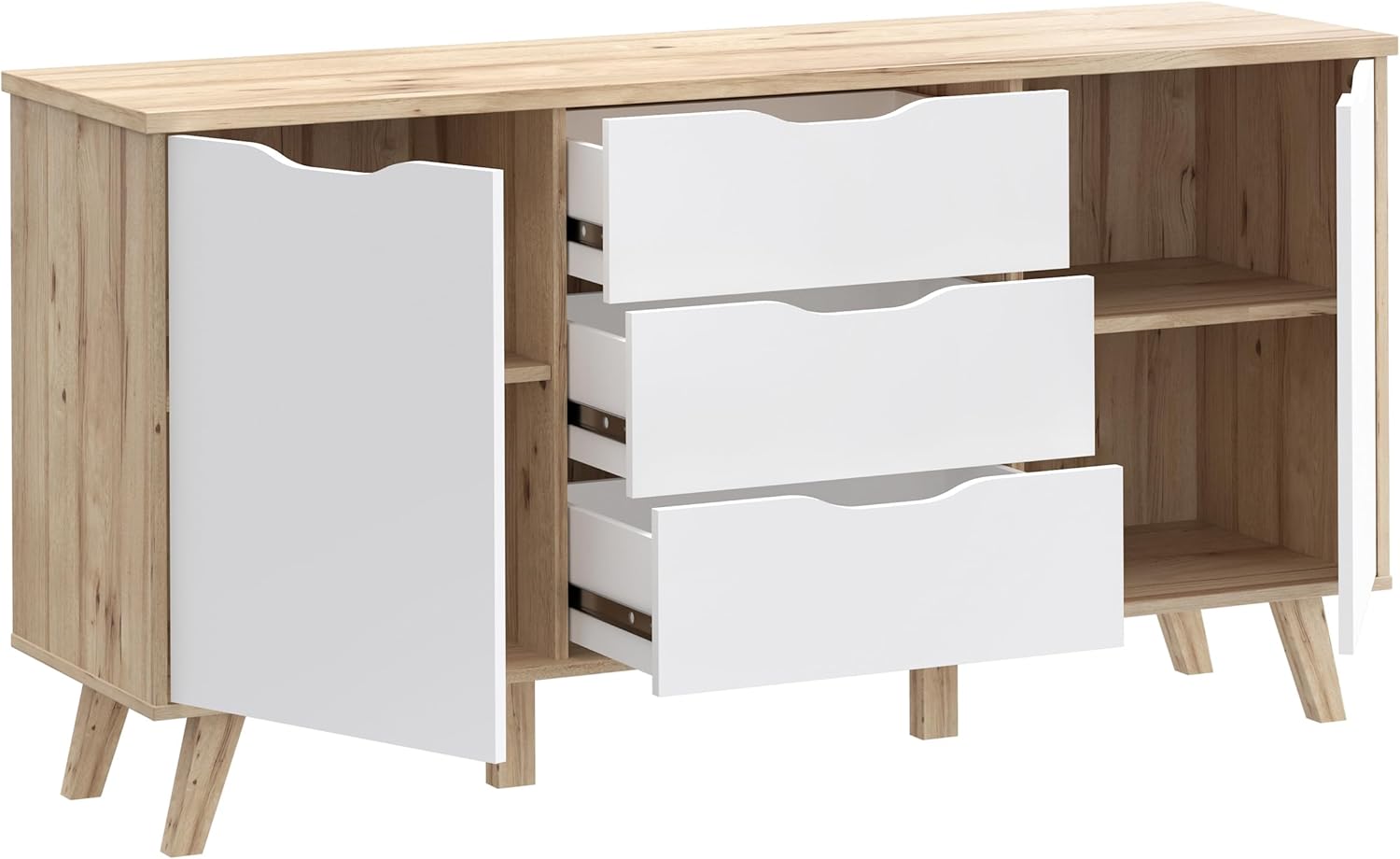 Forte VANKKA Kommode 150, Moderne Kommode mit 3 Schubladen und 2 Türen, Holzwerkstoff, Planked EicheDekor/Weiß, 149,4 cm breit, 76,7 cm hoch, 42 cm tief