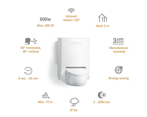 Steinel IS 130-2 130° infrarood bewegingsmelder IP54 binnen + buiten 12 m bereik wit