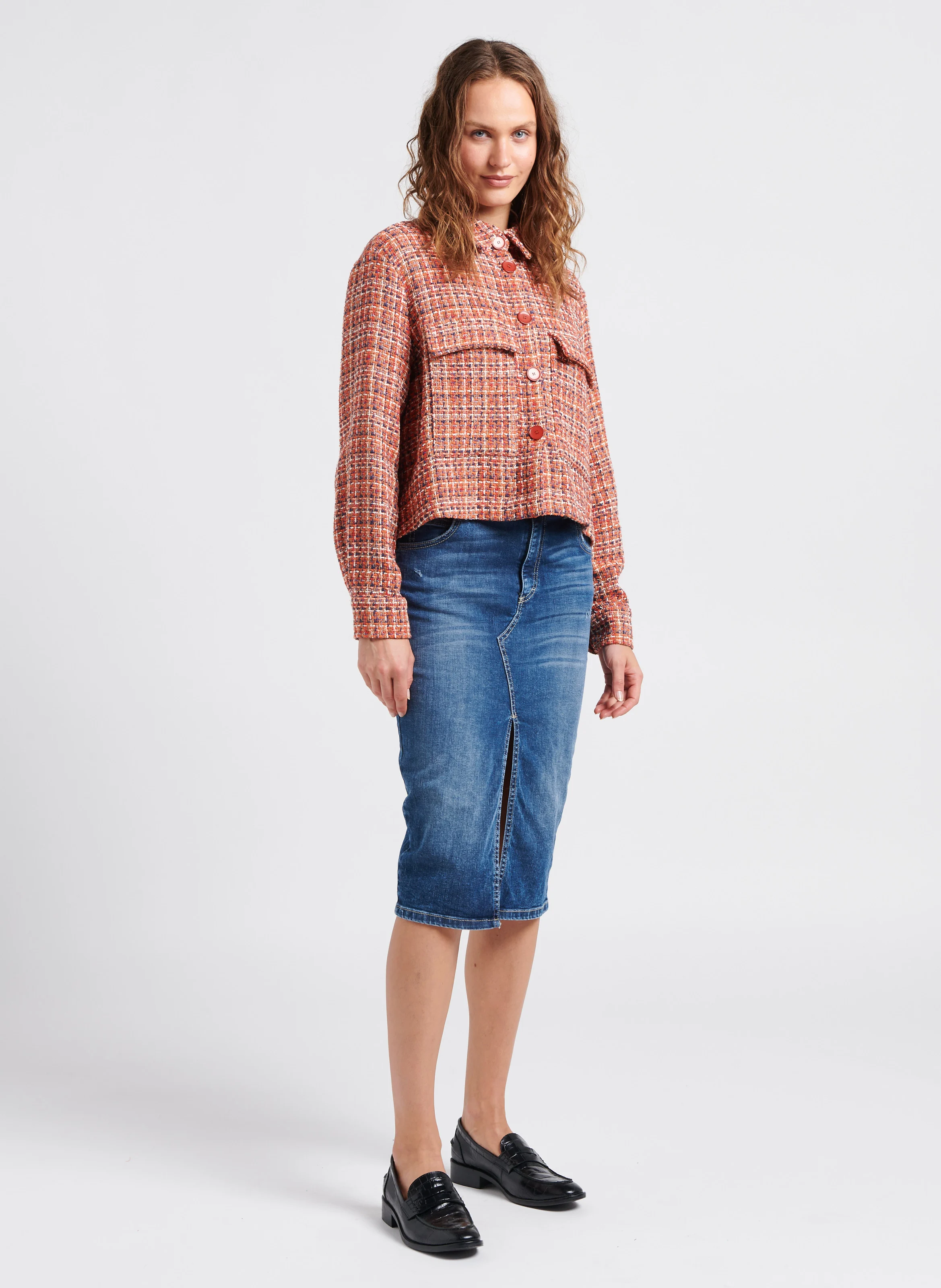 Jupe midi jean fendu à l'avant en coton| Bleu