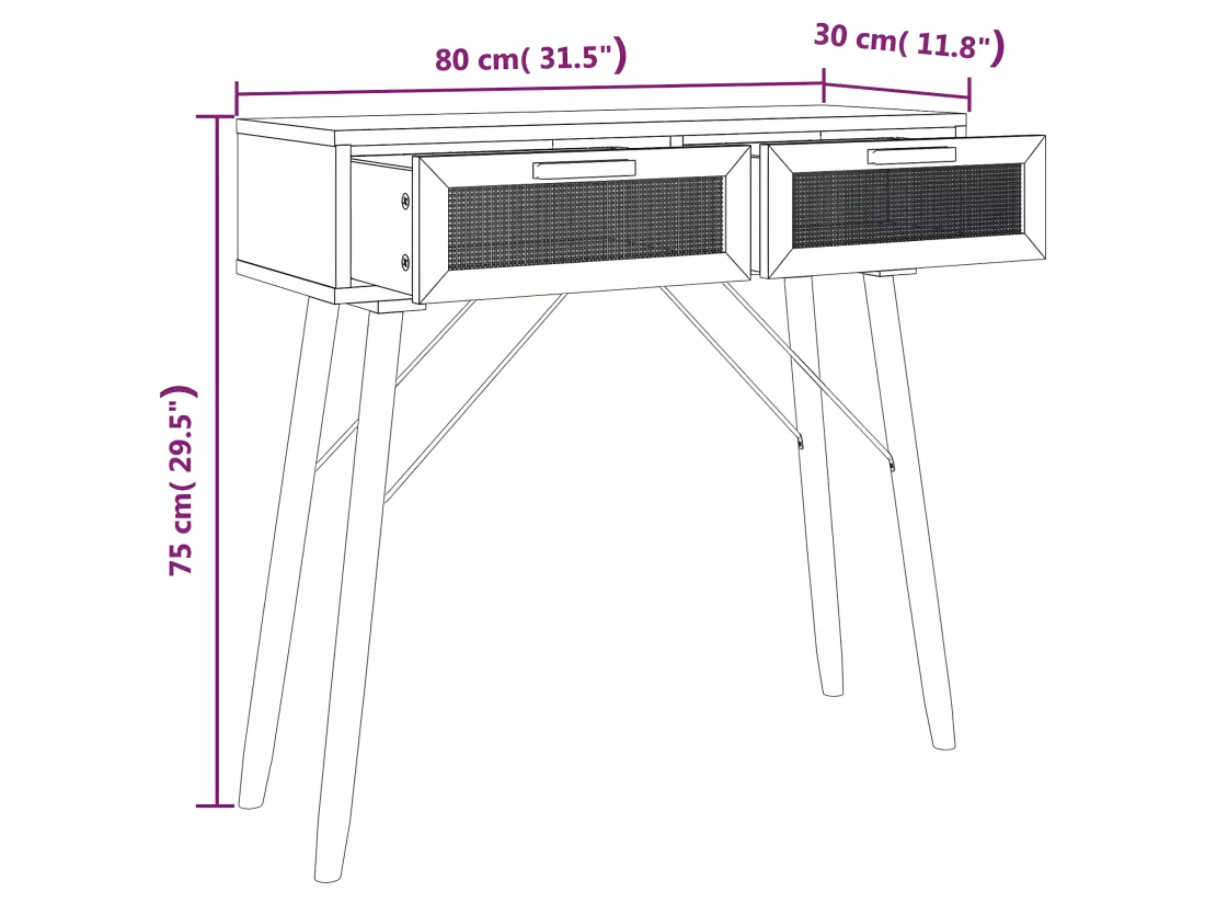 Table console Blanc 80x30x75 cm Bois massif pin /rotin naturel
