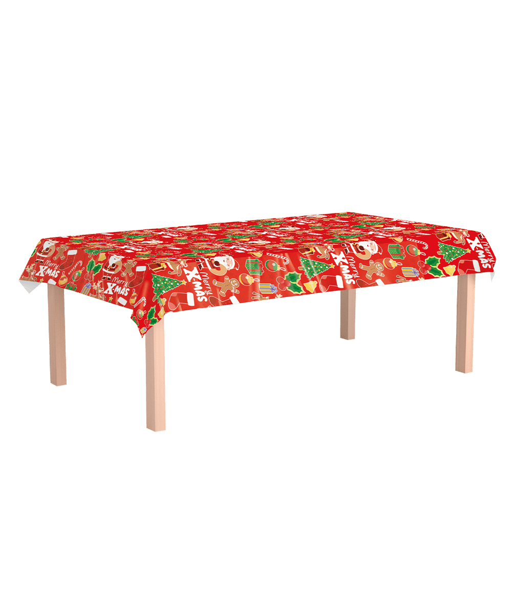 Kerst Tafelkleed Rood Kerstfiguren 2,74m