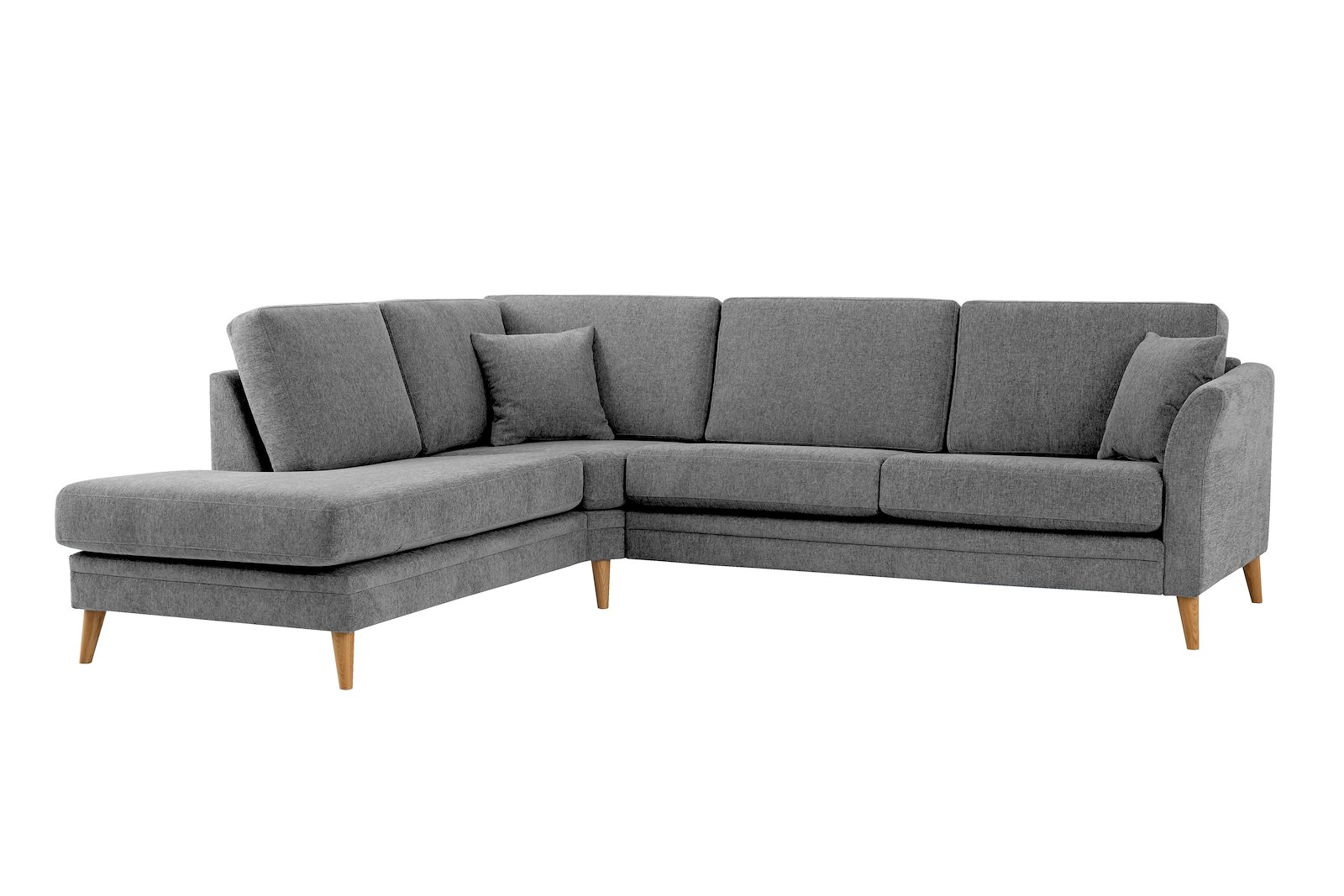 Eden hjørnesofa 2,5-seter med åpen ende venstre. Tekstil Thor 3 Grey med ben i eik natur (15137).