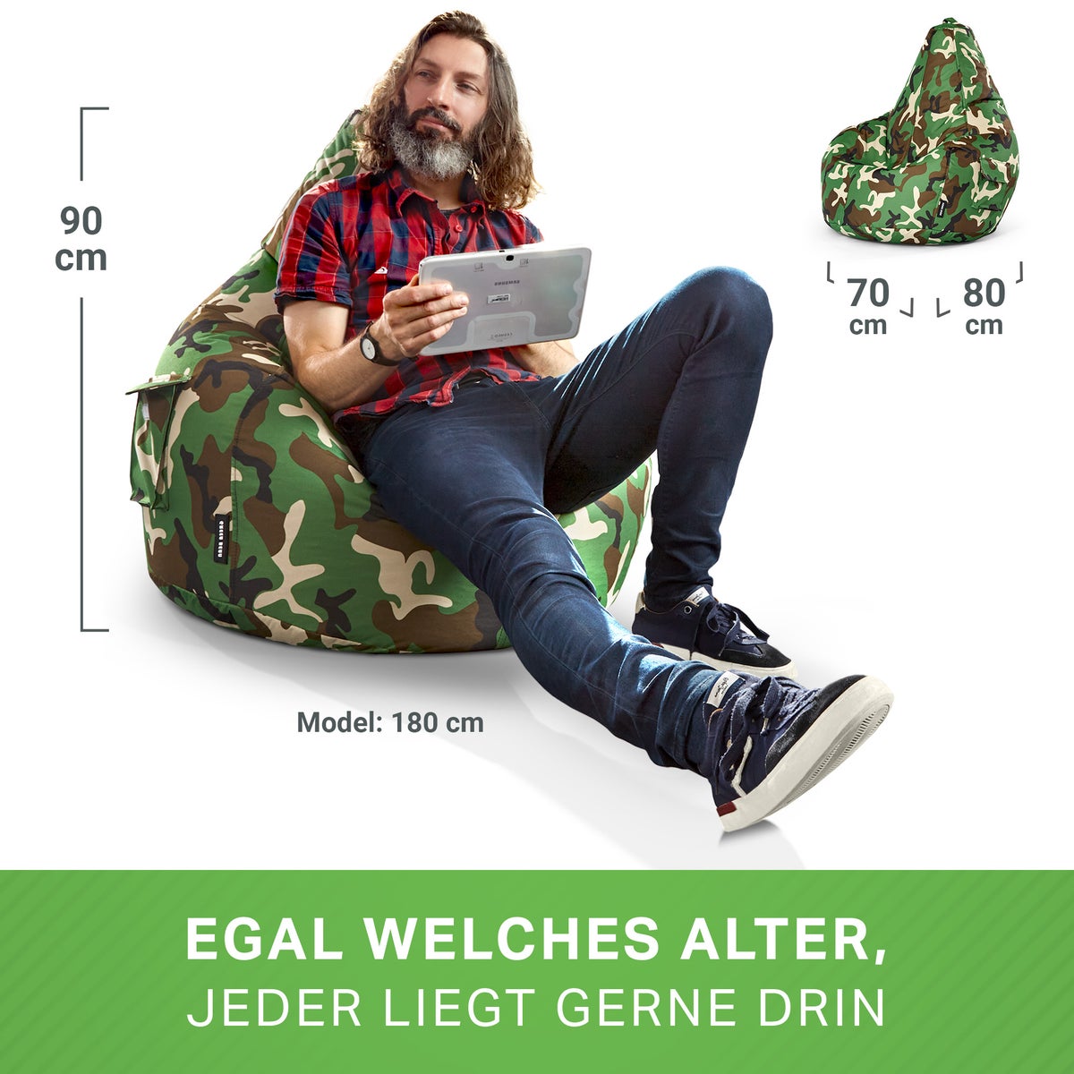 Green Bean Zitzak met rugleuning 80x70x90cm - Gaming stoel met 230L vulling, comfortabel, zacht, wasbaar - Zitzak vloerkussen, loungestoel, relaxstoel, gamerstoel, camouflagegroen