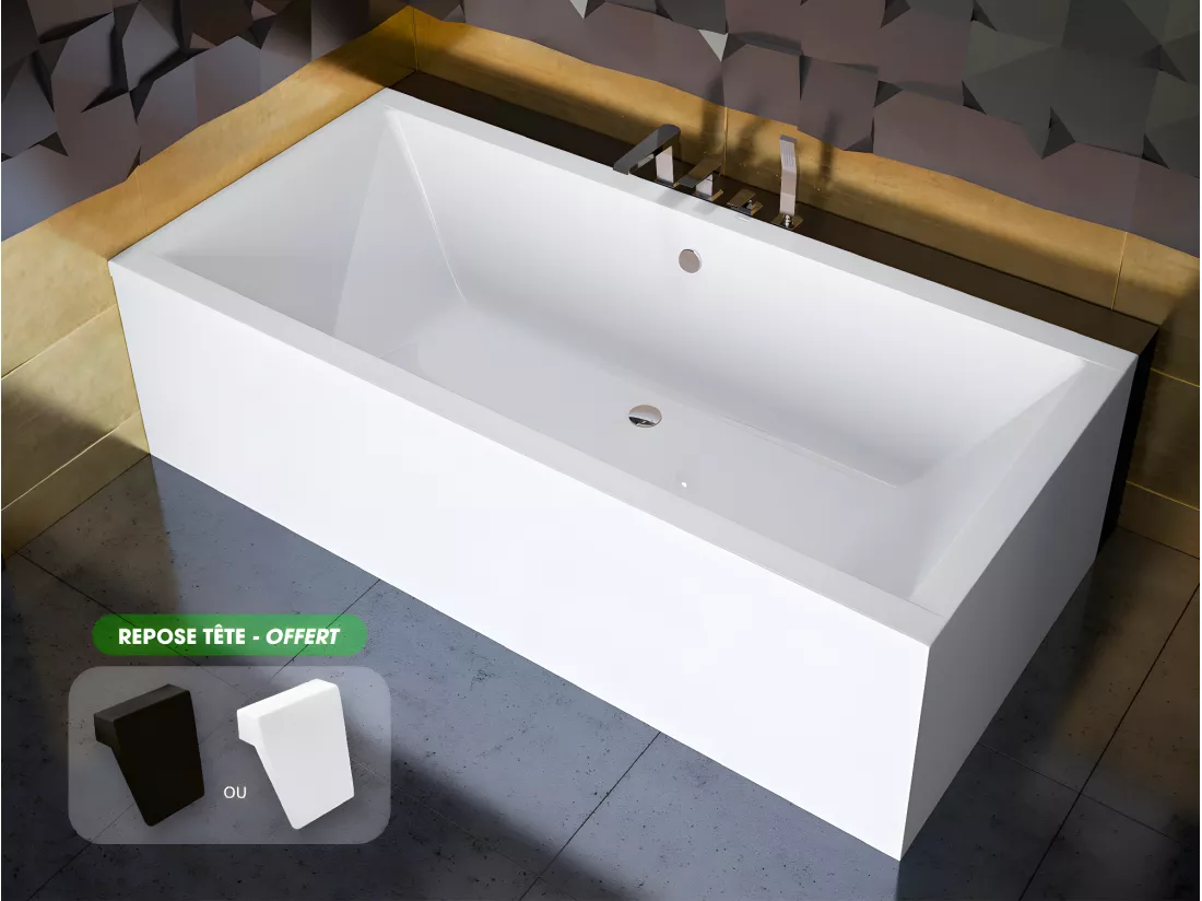 Baignoire rectangulaire - avec Tablier Blanc et Repose Tête OFFERT | QUADRO | 155 x 70 cm