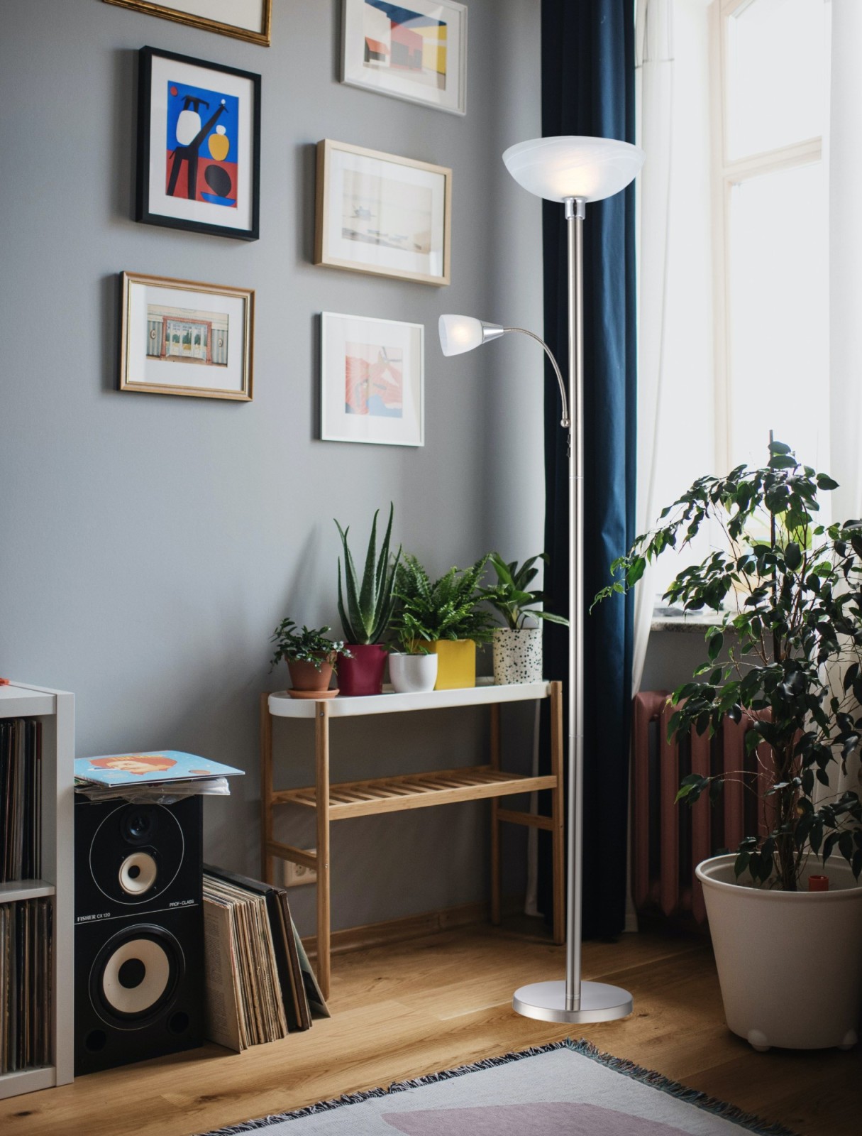 Deckenfluter - Nickel matt - chromfarben - Flexarm - 178 cm
