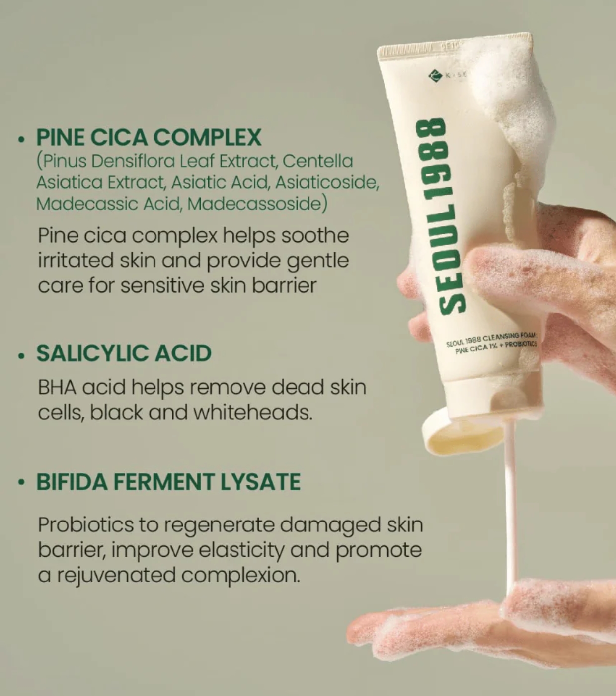 K-Secret - *Seoul 1988* - Sabonete Facial Espumante Pine CICA 1% + Probiotics