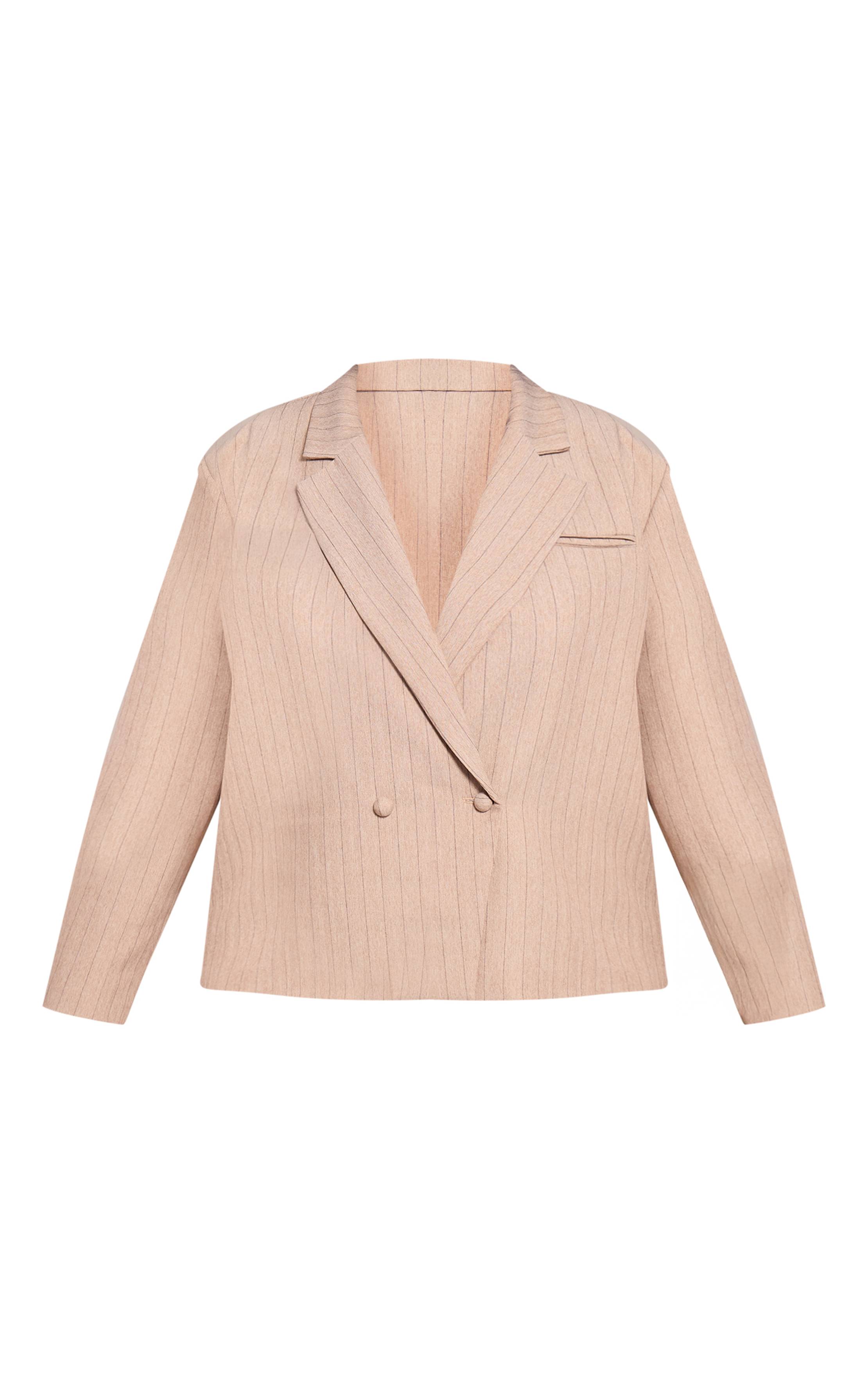 Taupe Blazer Boxy À Fines Rayures Grande Taille Coordonné