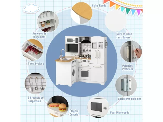 Cuisine d’Angle Enfants avec Réfrigérateur Latéral, Cuisinière de Jeu en Bois avec Machine à Laver, Téléphone Simulé, Ustensiles de Cuisine, Jouet d’Imitation pour Tout-Petits de 3 Ans+