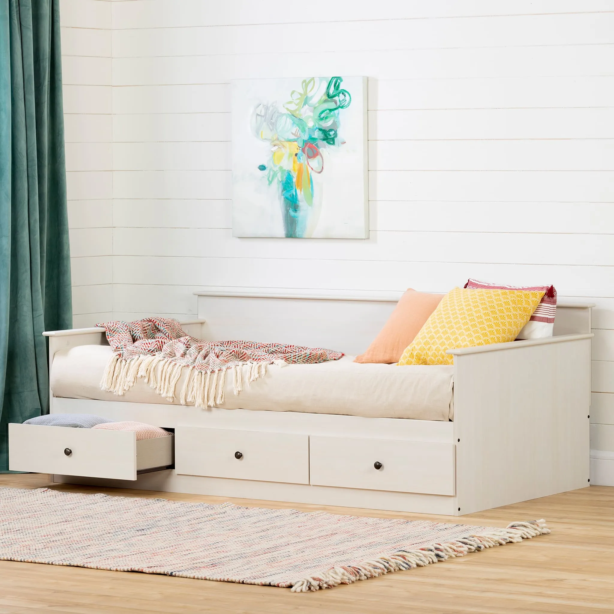 South Shore Lit de jour avec Rangement - Plenny Blanc Antique