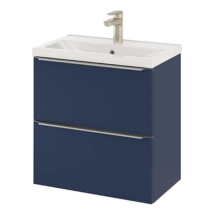 Ensemble salle de bains l.60 cm meuble à suspendre faible profondeur Imandra bleu nuit mat + plan vasque céramique blanc