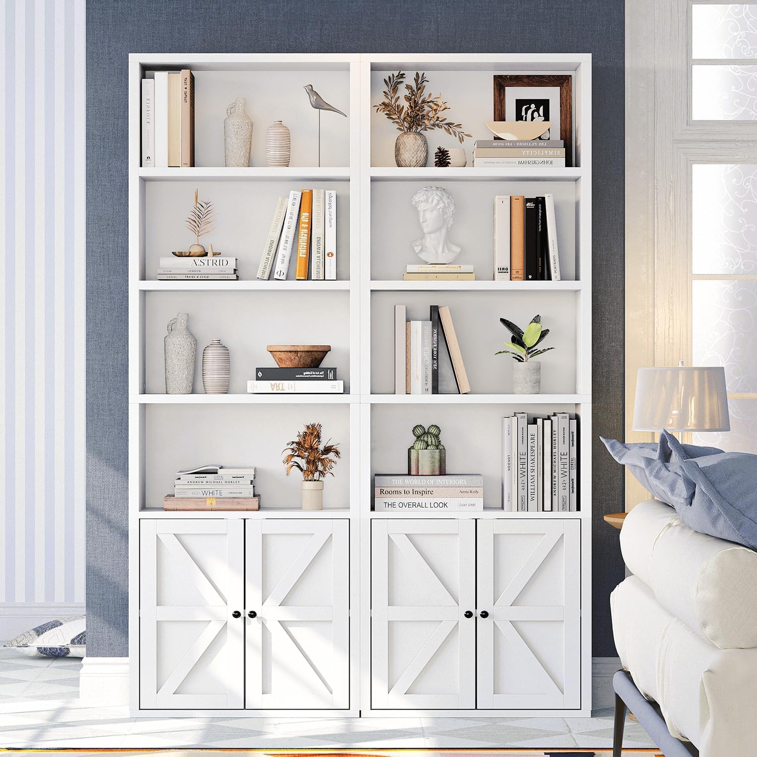 oneinmil Bücherregal, Bücherregal Weiß mit 2 Türen aus Holz, Bücherschrank Hoch mit 6 Ebenen, Küchenschrank, Standregal, für Wohnzimmer, Schlafzimmer, Büro, Arbeitszimmer, 2 Pack