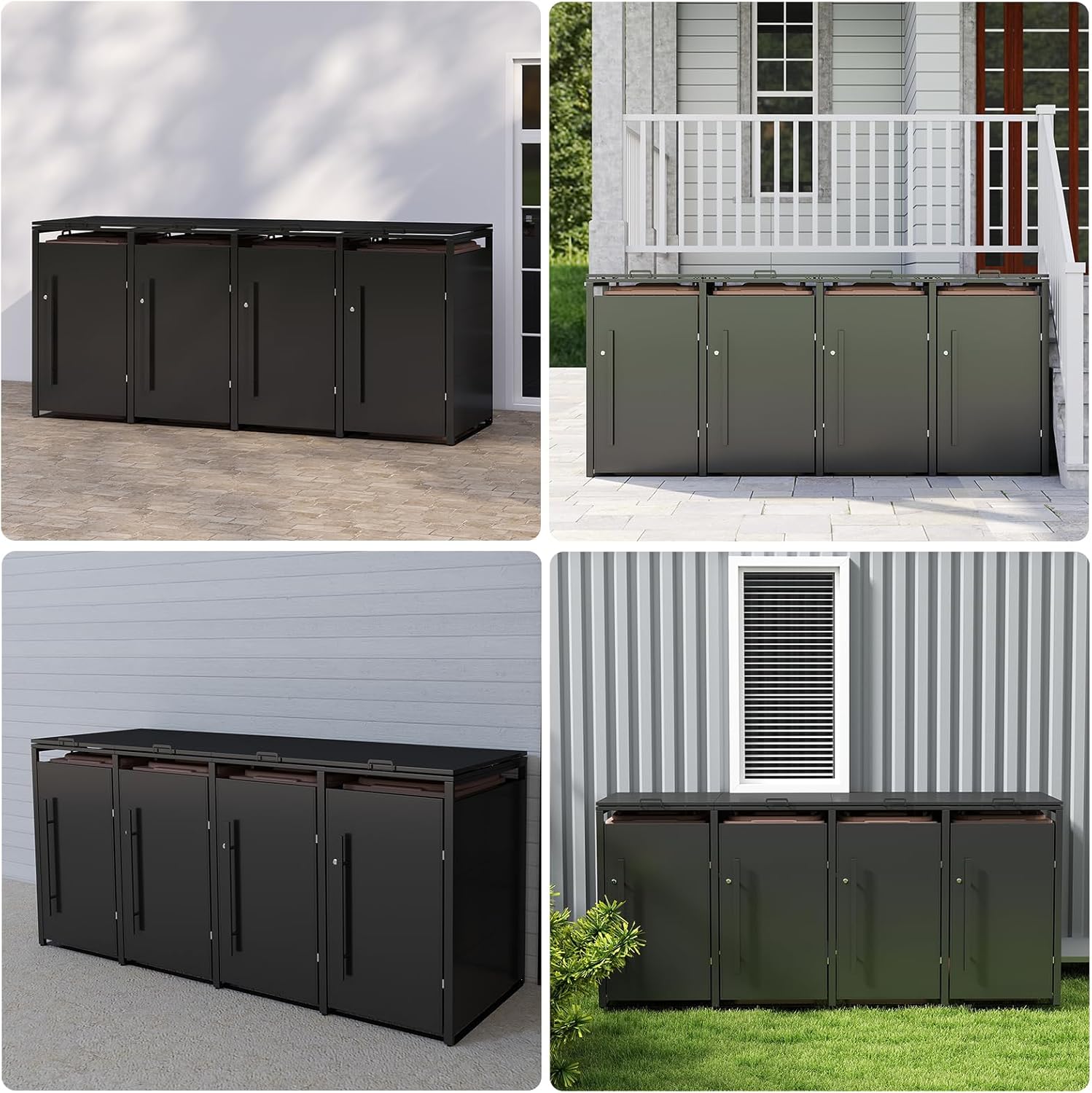Metallische Mülltonnenbox für 120-240 Liter, 264 x 80 x 116 cm, Mülltonnenlagerung für 4 Tonnen, Verzinktes Stahl-Müllschuppen, Außendeckel mit abschließbarer Tür für Garten und Hinterhof