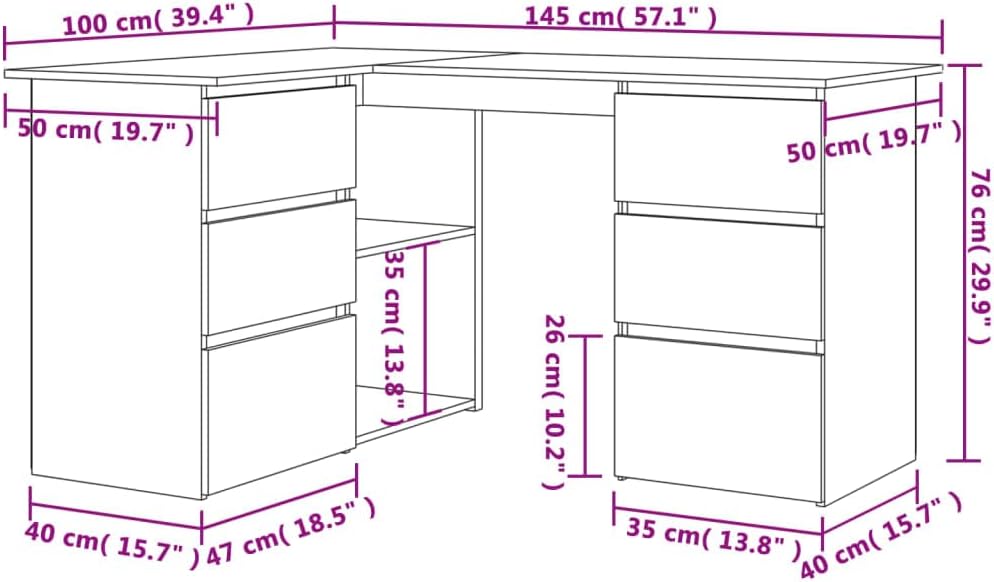 vidaXL Eckschreibtisch 6 Schubladen 2 Regale Schreibtisch Computertisch Bürotisch PC Tisch Laptoptisch Arbeitstisch Weiß 145x100x76cm Holzwerkstoff