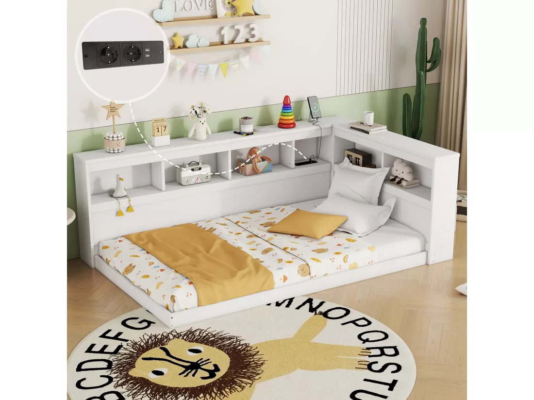 Lit banquette 90x200cm - avec Ports de USB et rangements - Blanc