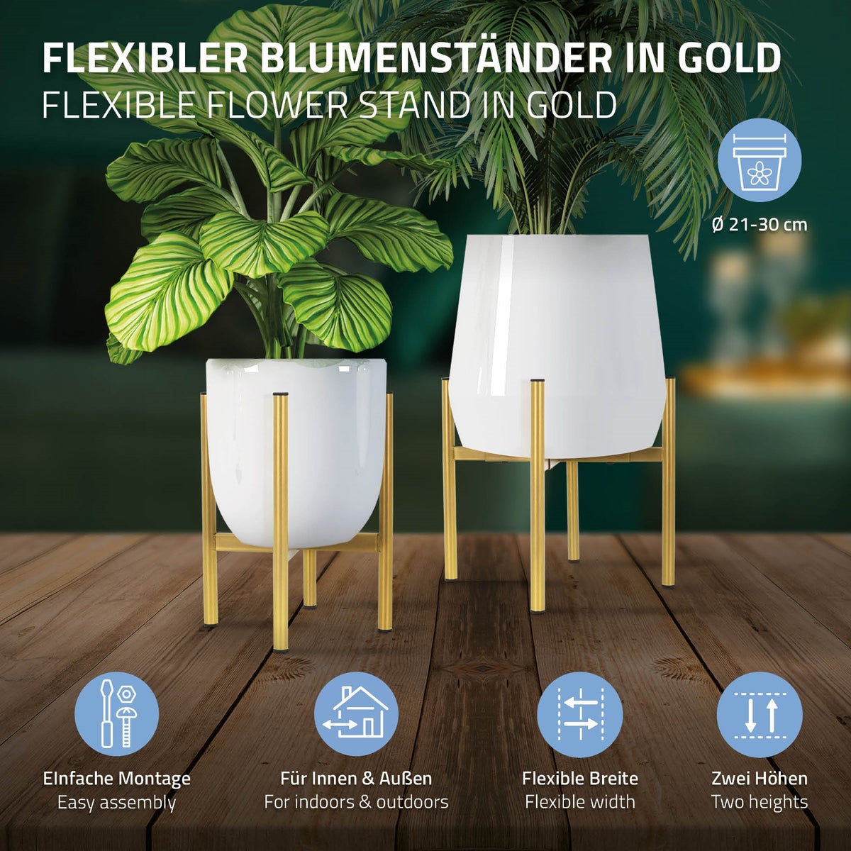 ML-Design Bloemenstandaard, Goud, 18-25x18-25x30 cm, Verstelbare, Moderne Bloempotstandaard, Stevige Metalen Plantenstandaard, Verstelbare Bloempothouder, Bloempotdecoratie, Bloemenhouder