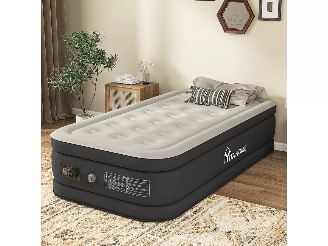 YITAHOME Matelas Gonflable 1 Personne avec Pompe Électrique Intégrée - Lit Gonflable - Auto-Gonflage/Dégonflage Rapide pour Invités - Camping - 191 x 99 x 46 cm - Gris & Noir