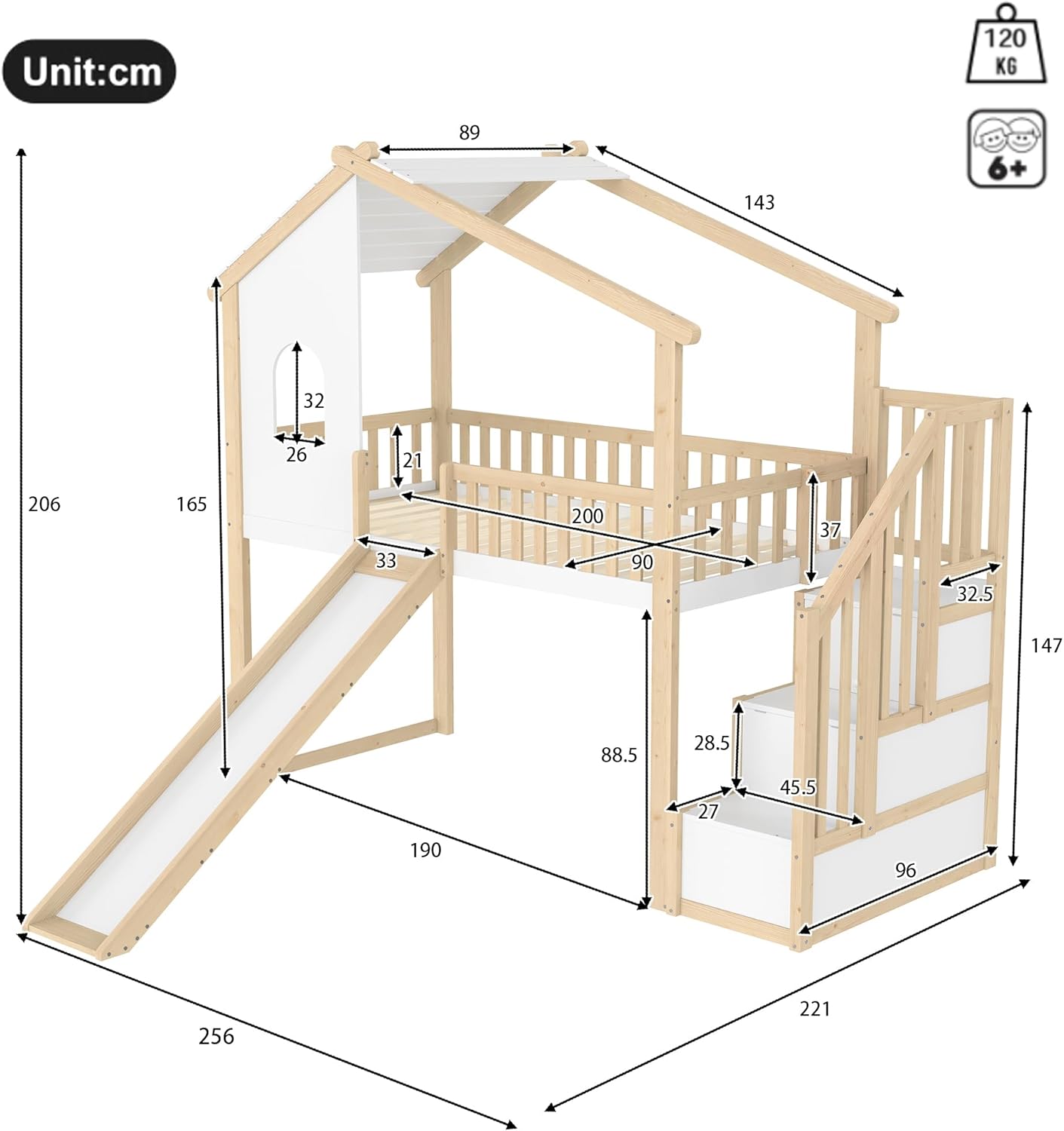 Merax Kinderbett 90x200 Hausbett Hochbett mit Rutsche, Dach&Fenster&Bettgitter, Treppe mit 2 Ablagefächern, Bett mit Lattenrost & Rausfallschutz, Ohne Matratze, Weiß+Natur