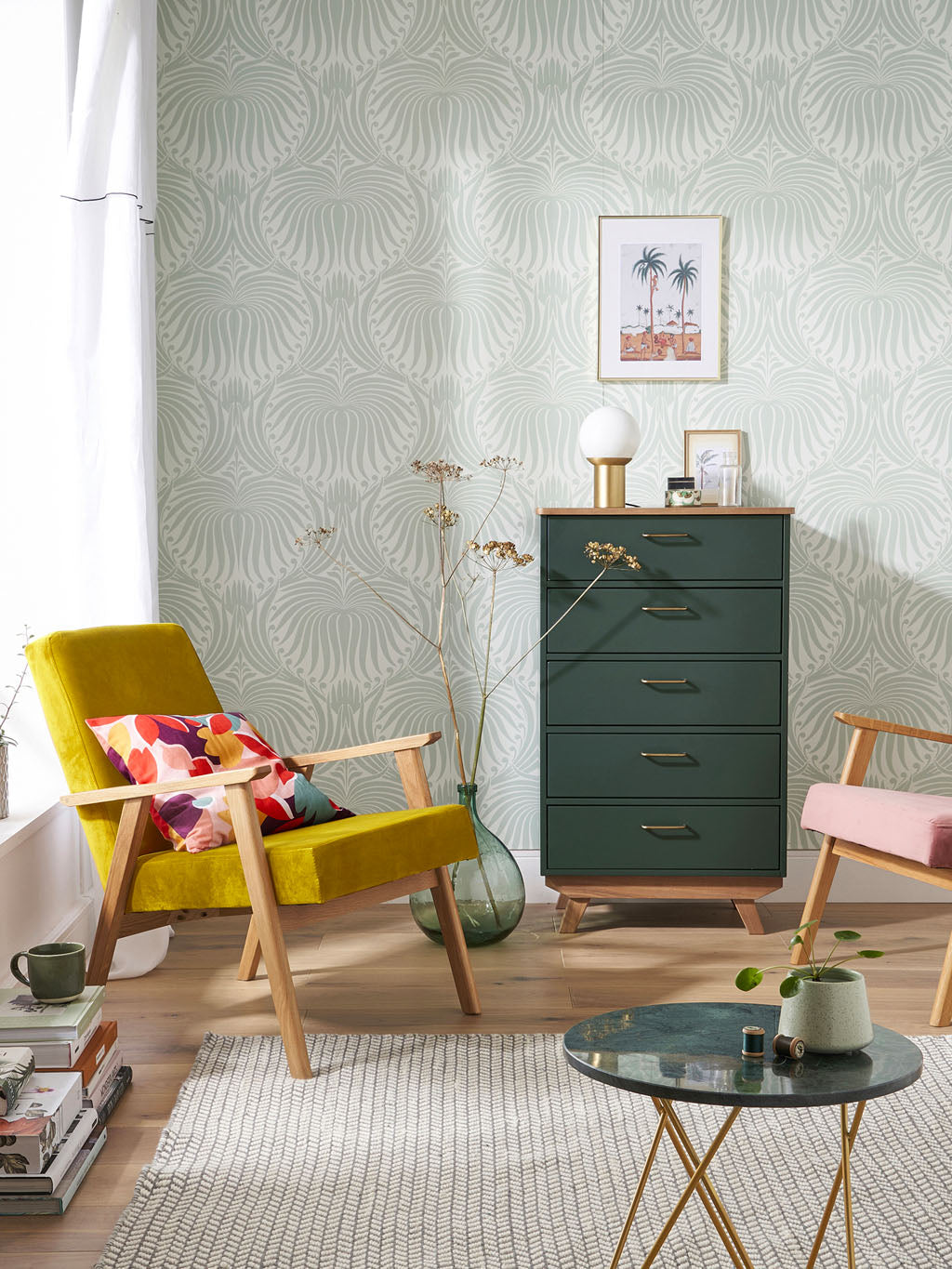 Fauteuil rétro en chêne et velours