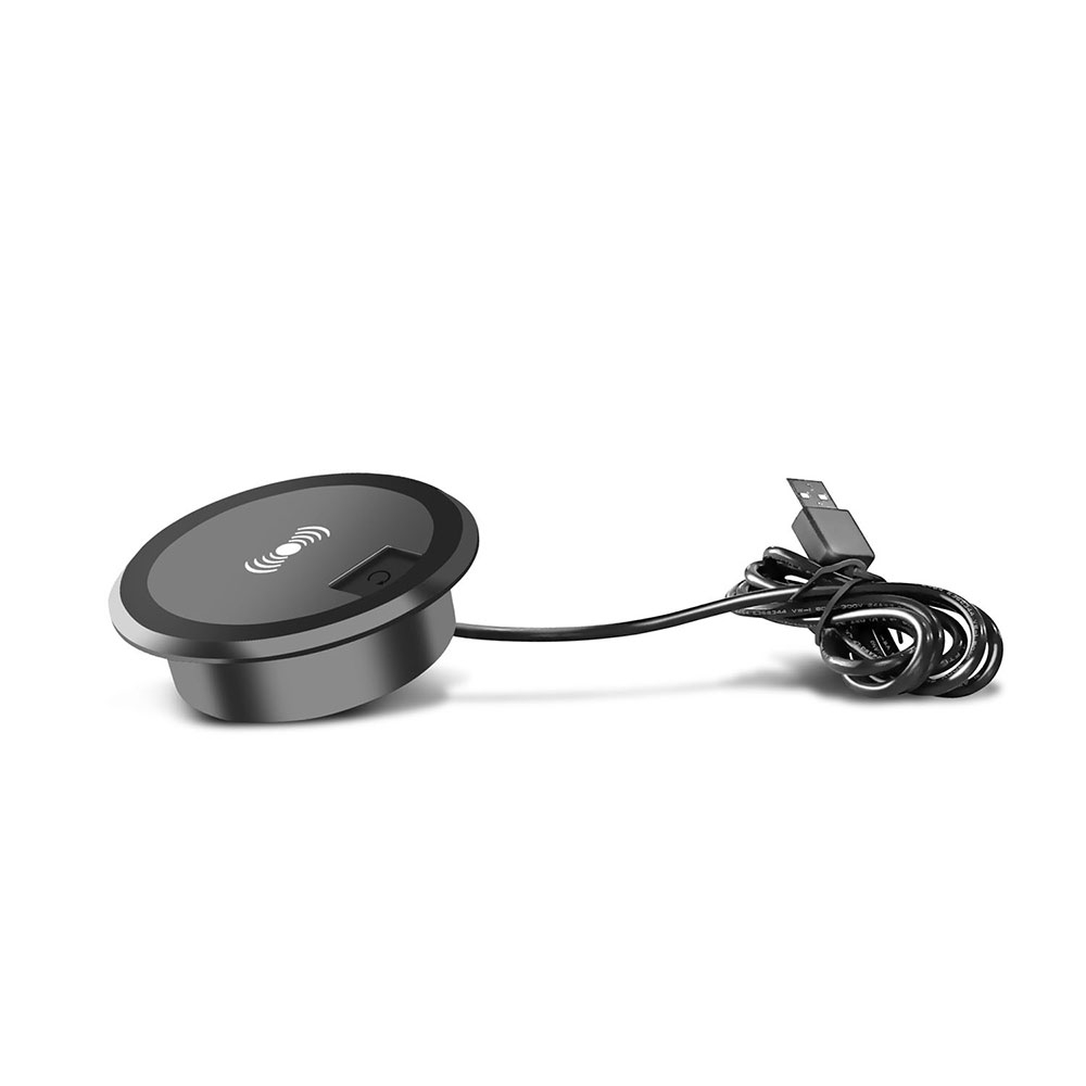 (60mm) Qi Wireless Einbau Ladegerät (10W / 7.5W) mit USB Anschluss für Möbel - Schwarz