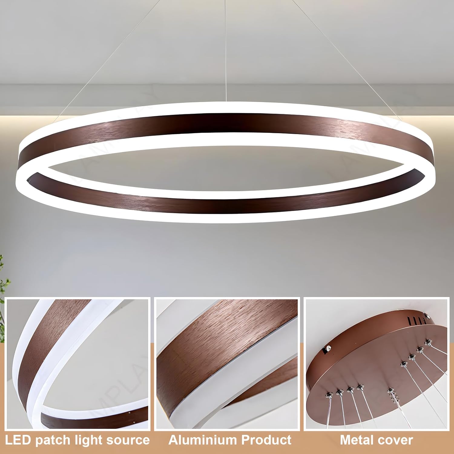 Runde Moderne LED-Pendelleuchte, 1 Braun Ring-Kronleuchter, Dimmbar Mit Fernbedienung 3000K-6000K Deckenleuchte, Höhenverstellbar, Foyer, Wohnzimmer, Schlafzimmer, Esszimmer(Ø100cm)